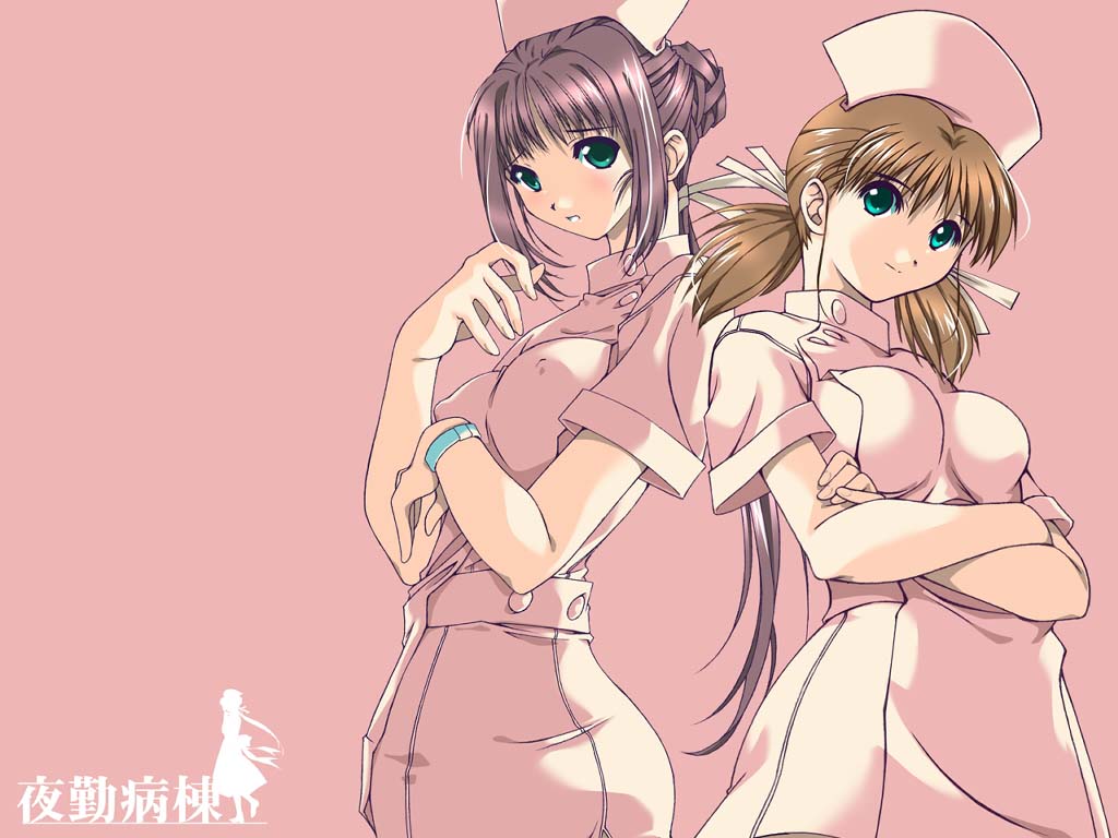 2girls, brown_hair, green_eyes, kodama_hikaru, long_hair, nanase_ren, nurse, oota_kazunori, pink, pink_hair, short_hair, yakin_byoutou
