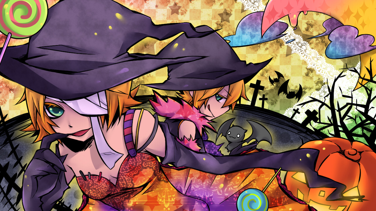 animal, bat, halloween, hat, kagamine_len, kagamine_rin, male, trick_and_treat_(vocaloid)