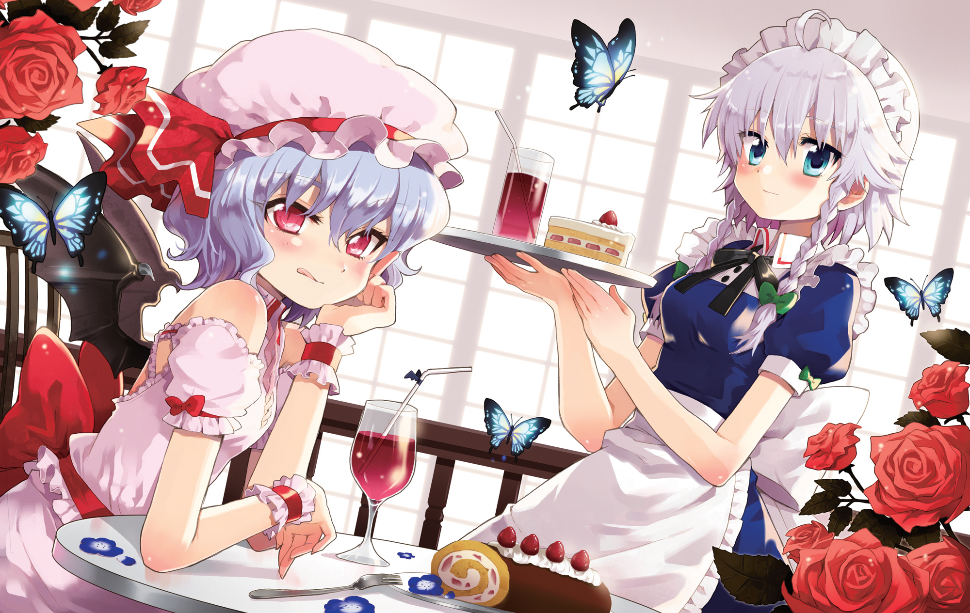 2girls, apron, blue_eyes, blue_hair, braids, butterfly, cake, chiba_sadoru