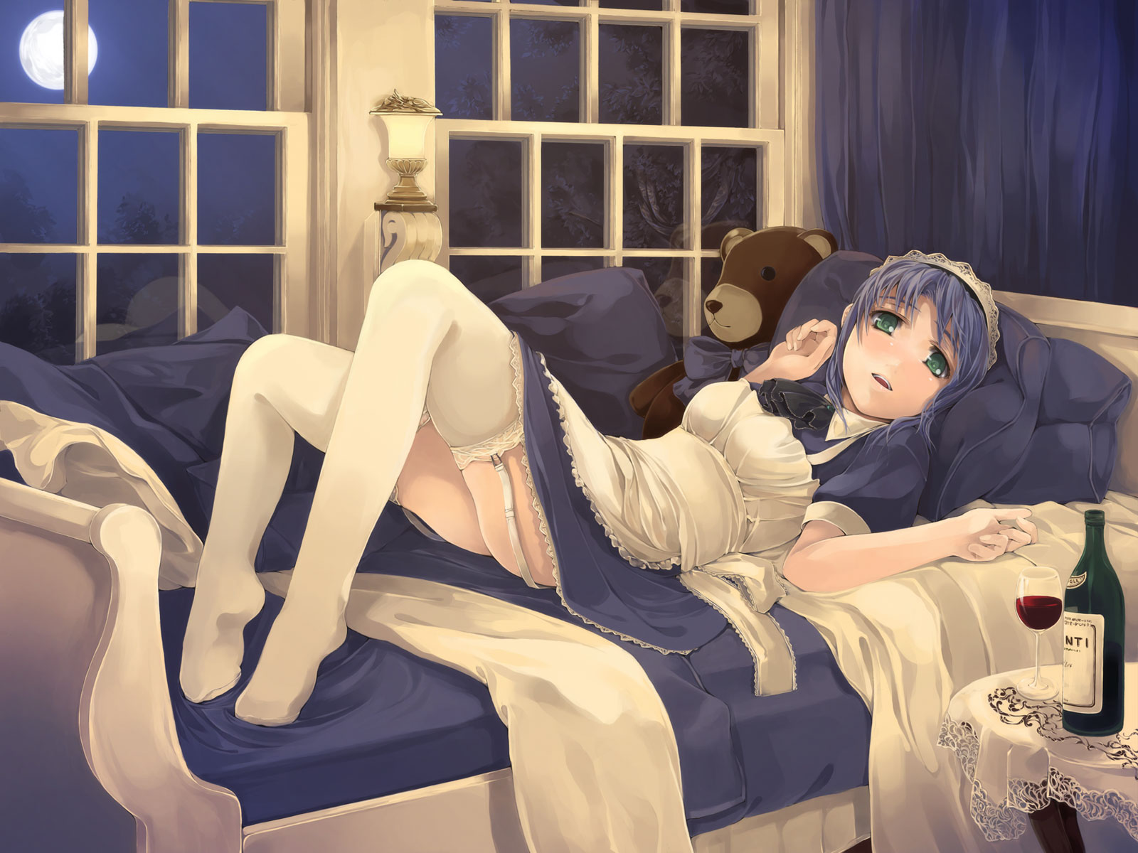 apron, blue_hair, drink, garter_belt, green_eyes, headdress, maid, moon