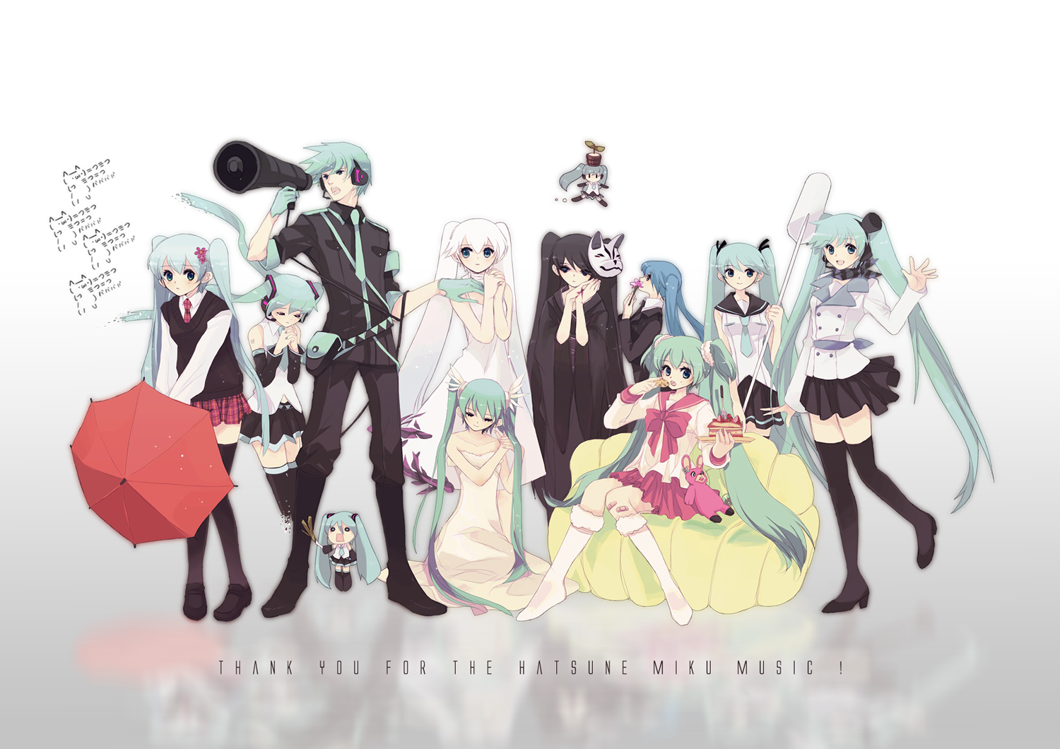 aqua_hair, chibi, chris4708, hachune_miku, hatsune_miku, hatsune_mikuo, hello_planet_(vocaloid), koi_wa_sensou_(vocaloid), last_night_good_night_(vocaloid), levan_polkka_(vocaloid), lots_of_laugh_(vocaloid), melt_(vocaloid), musunde_hiraite_rasetsu_to_mukuro_(vocaloid), saihate_(vocaloid), thighhighs, tie, twintails, umbrella, vocaloid