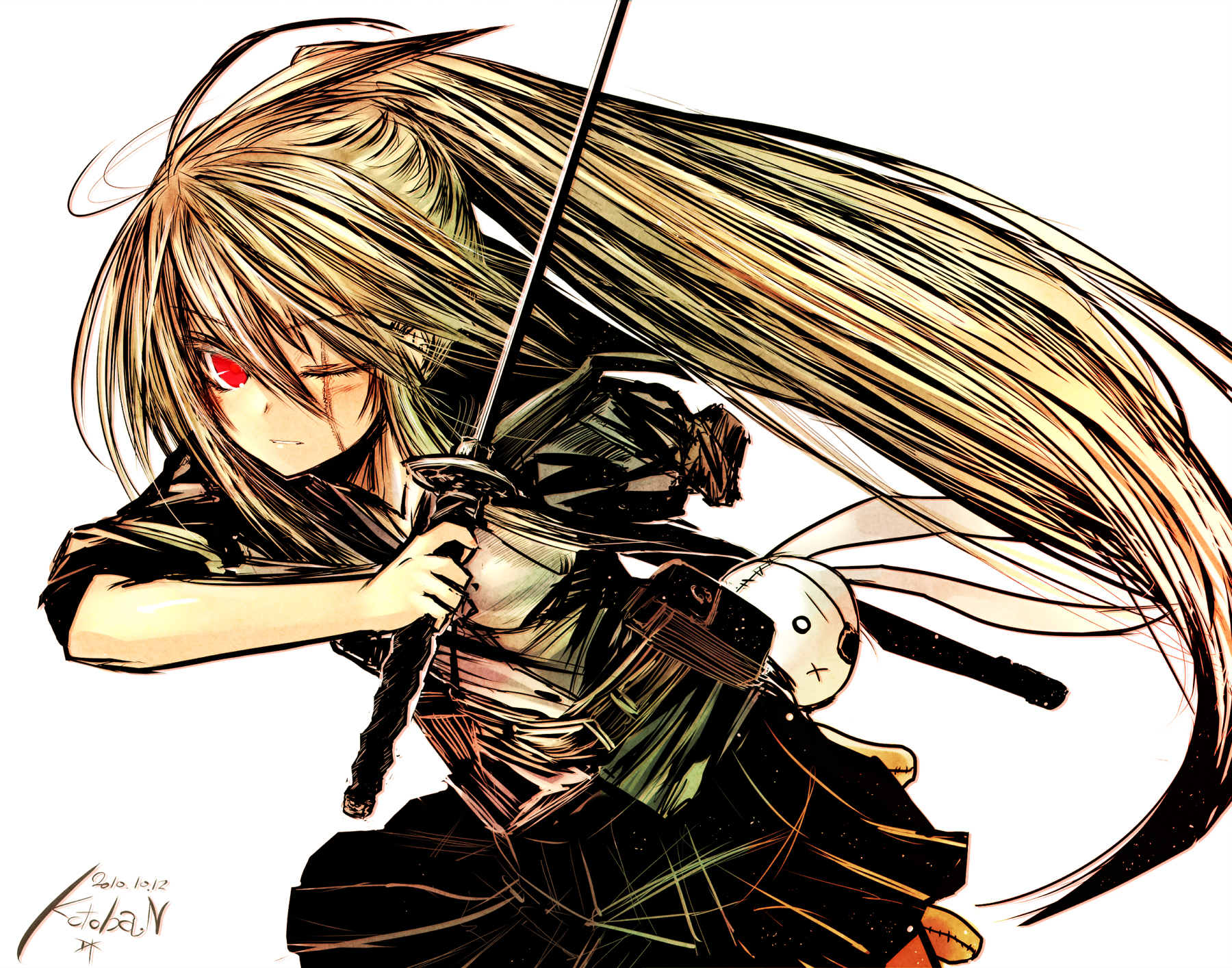 blonde_hair, bunny, hinomaru_(kotoba), katana, kotoba_noriaki, long_hair, original, ponytail