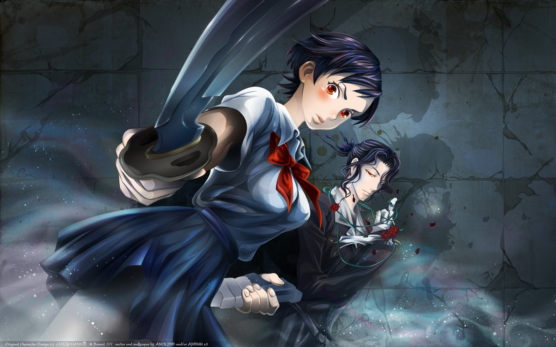 black_hair, blood_(anime), flowers, haji, katana, orange_eyes, otonashi_saya, rose