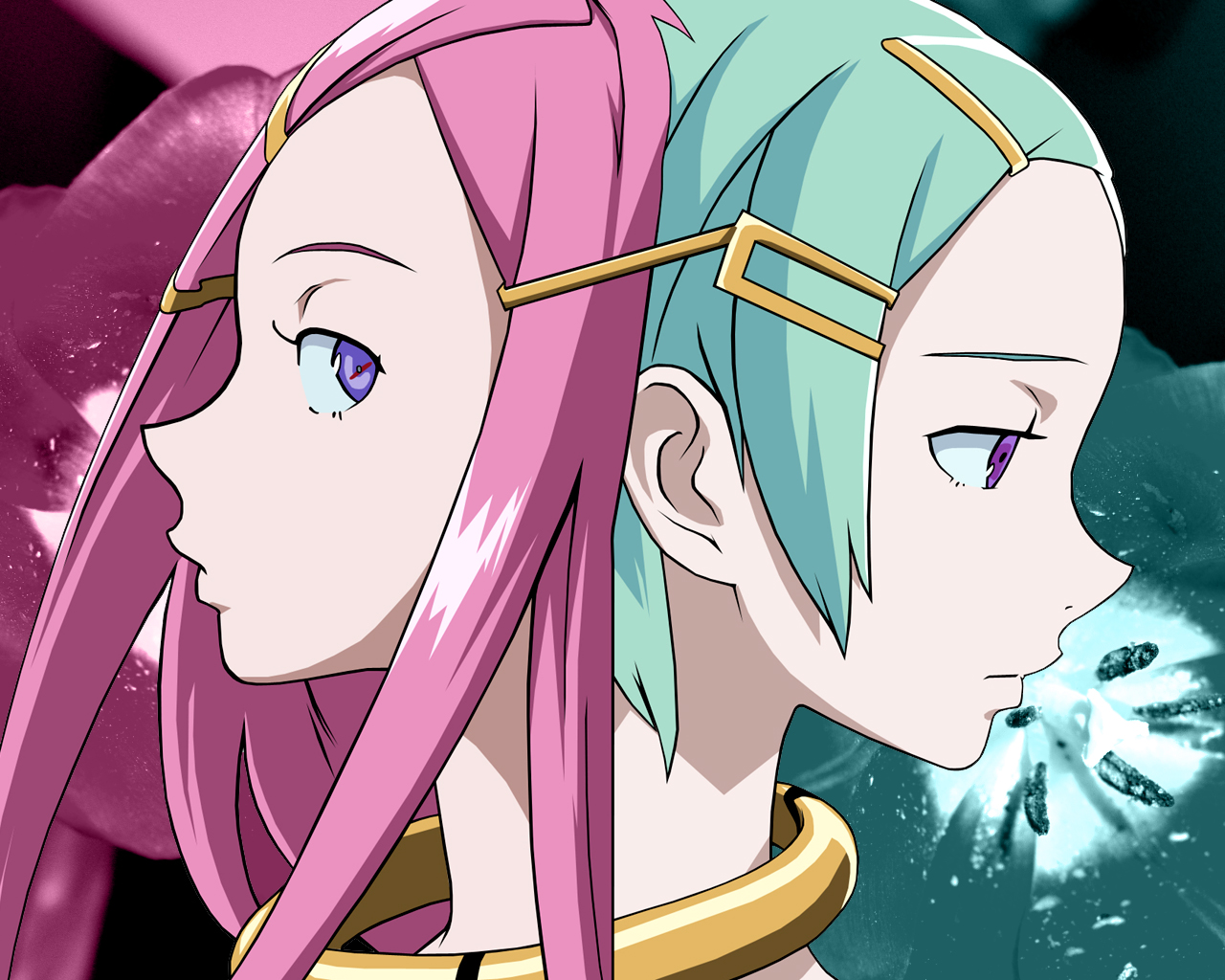2girls, anemone, aqua_hair, eureka, eureka_seven, pink_hair