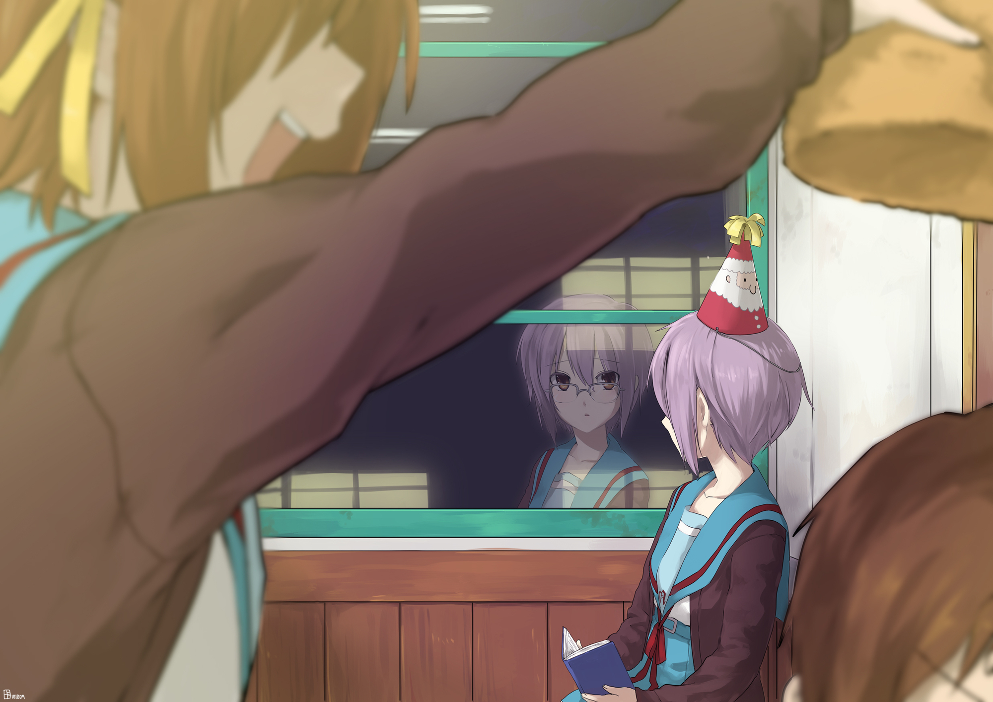 a-ka, book, close, glasses, hat, kyon, male, nagato_yuki, school_uniform, suzumiya_haruhi, suzumiya_haruhi_no_yuutsu