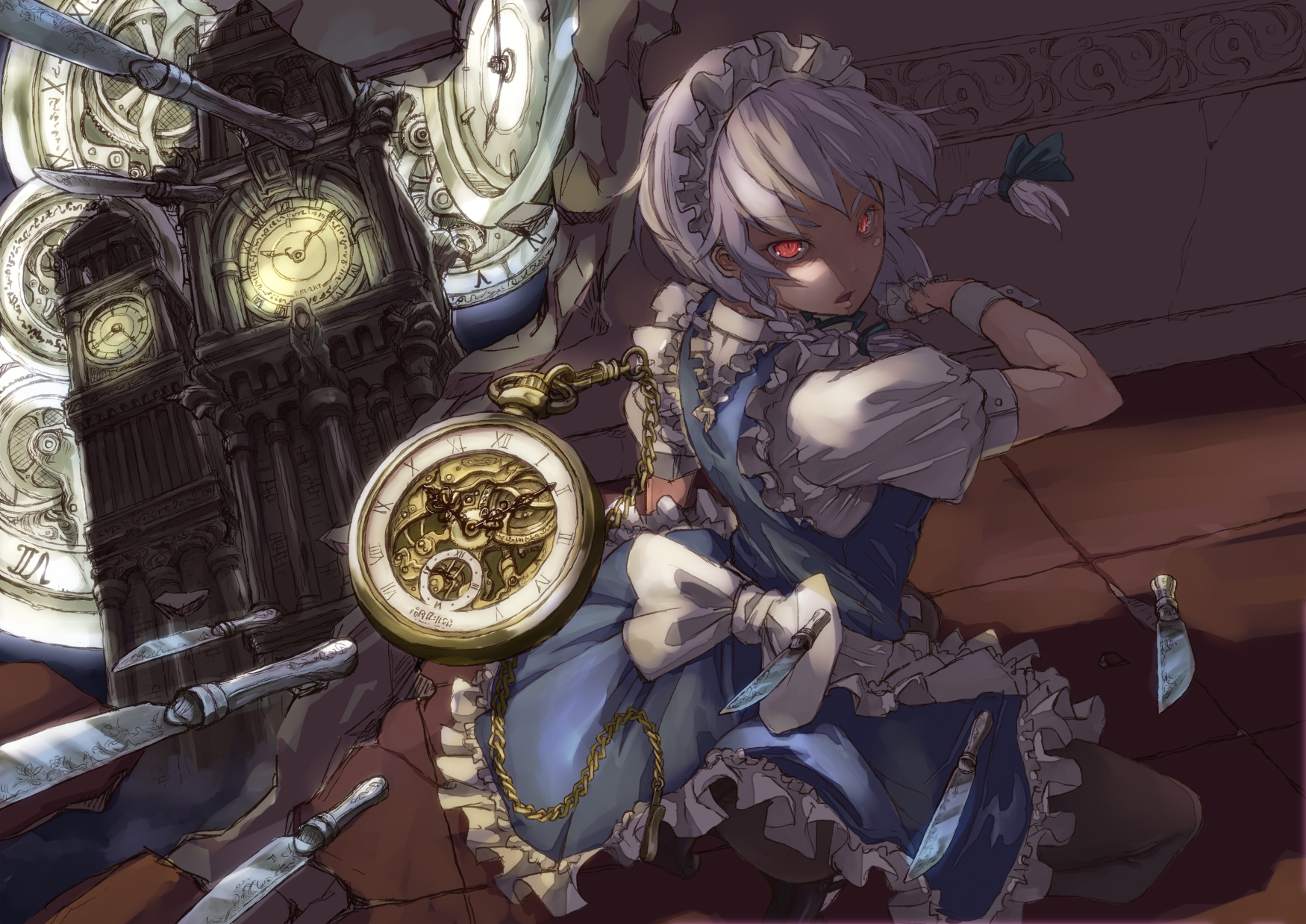 braids, izayoi_sakuya, knife, maid, red_eyes, suzu_no, touhou, weapon