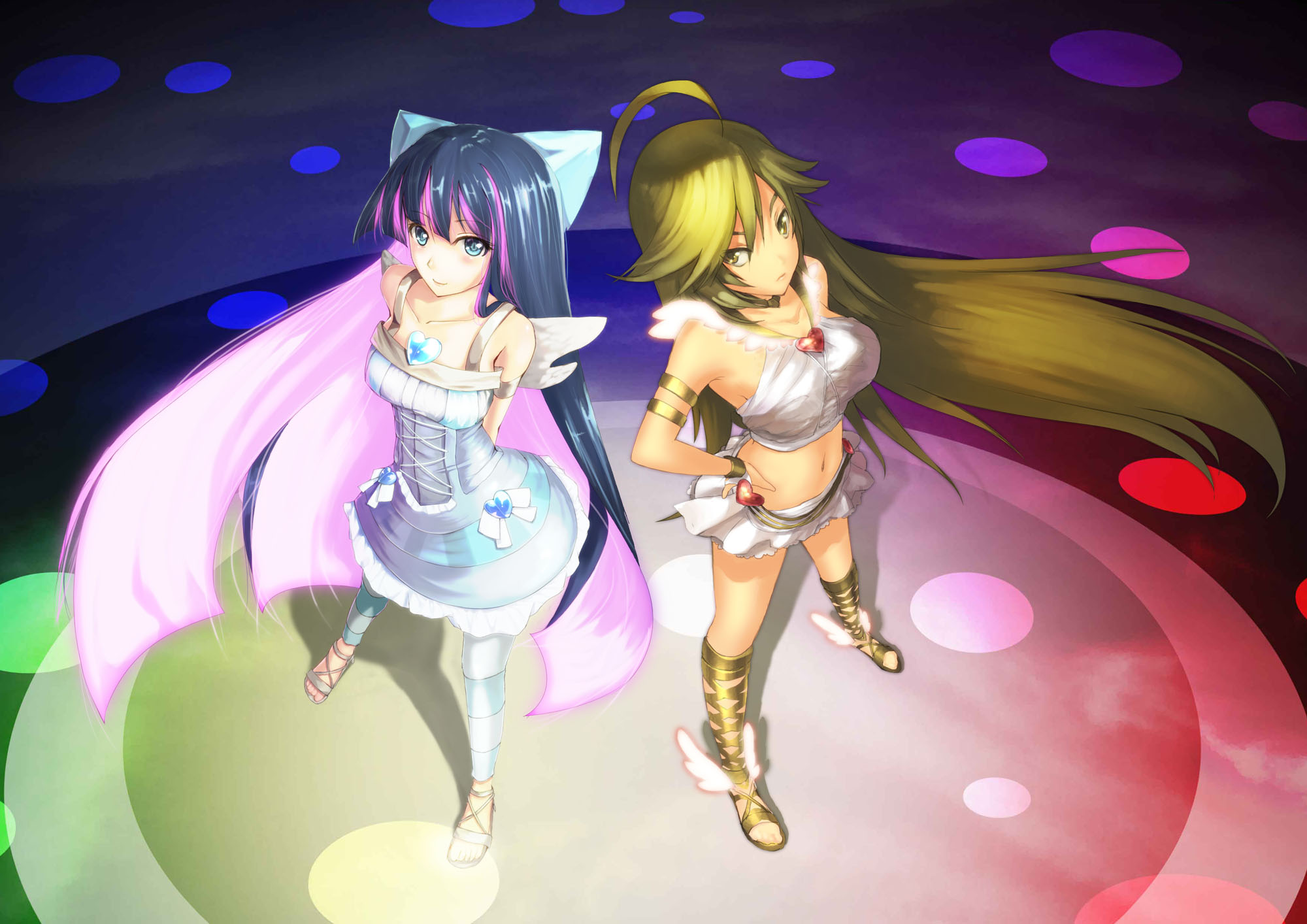 2girls, blackegg, black_hair, blonde_hair, blue_eyes, brown_eyes, dress, long_hair, navel, panty_(character), panty_&_stocking_with_garterbelt, pink_hair, ritsuki, stocking_(character), wings