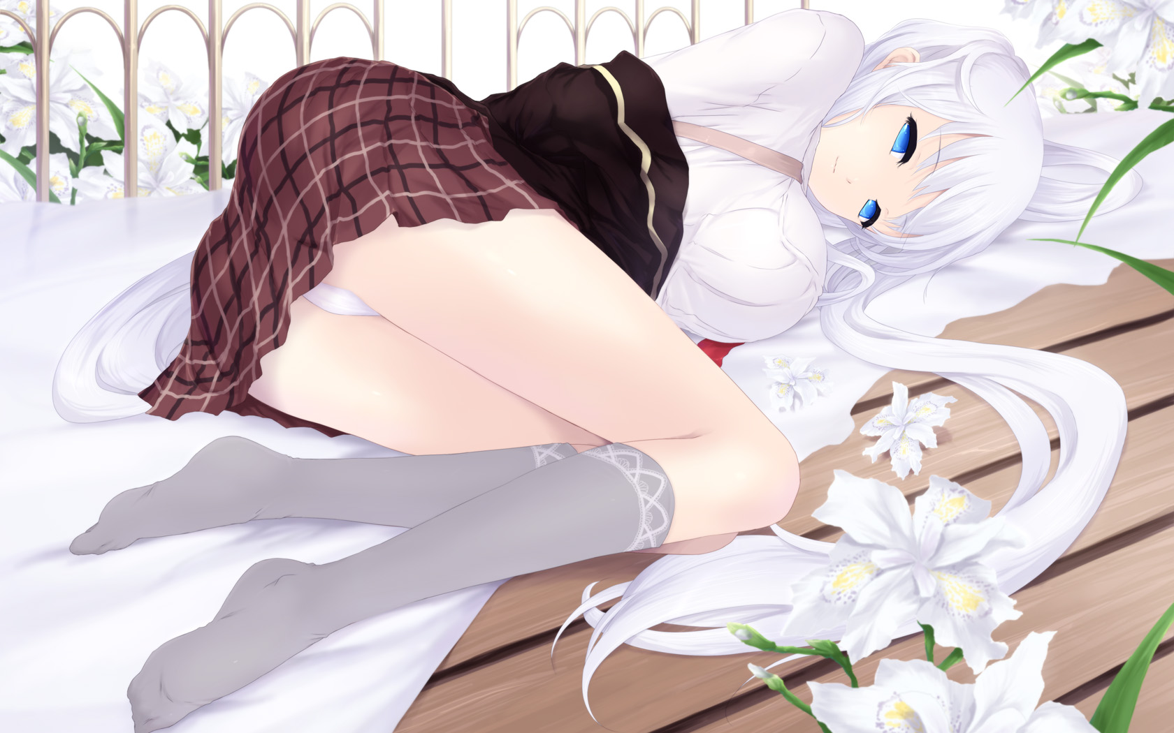 blue_eyes, cait, flowers, long_hair, mabinogi, nao, panties, school_uniform, underwear