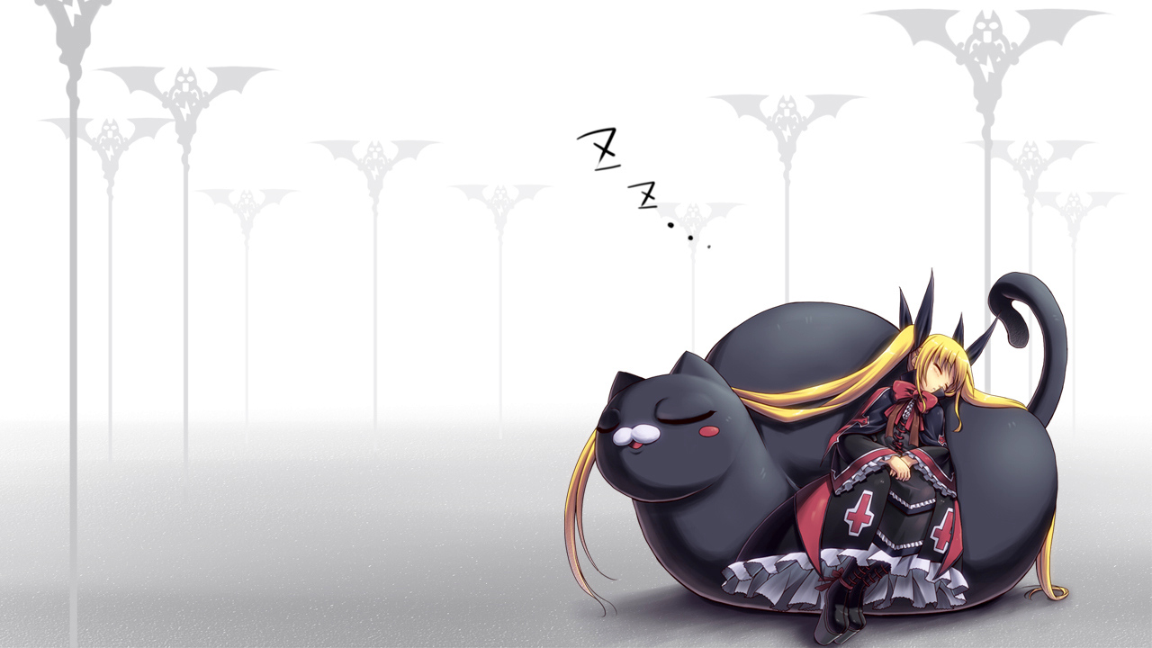 animal, blazblue, blonde_hair, cat, dress, kellkero, long_hair, nago, rachel_alucard, sleeping, twintails
