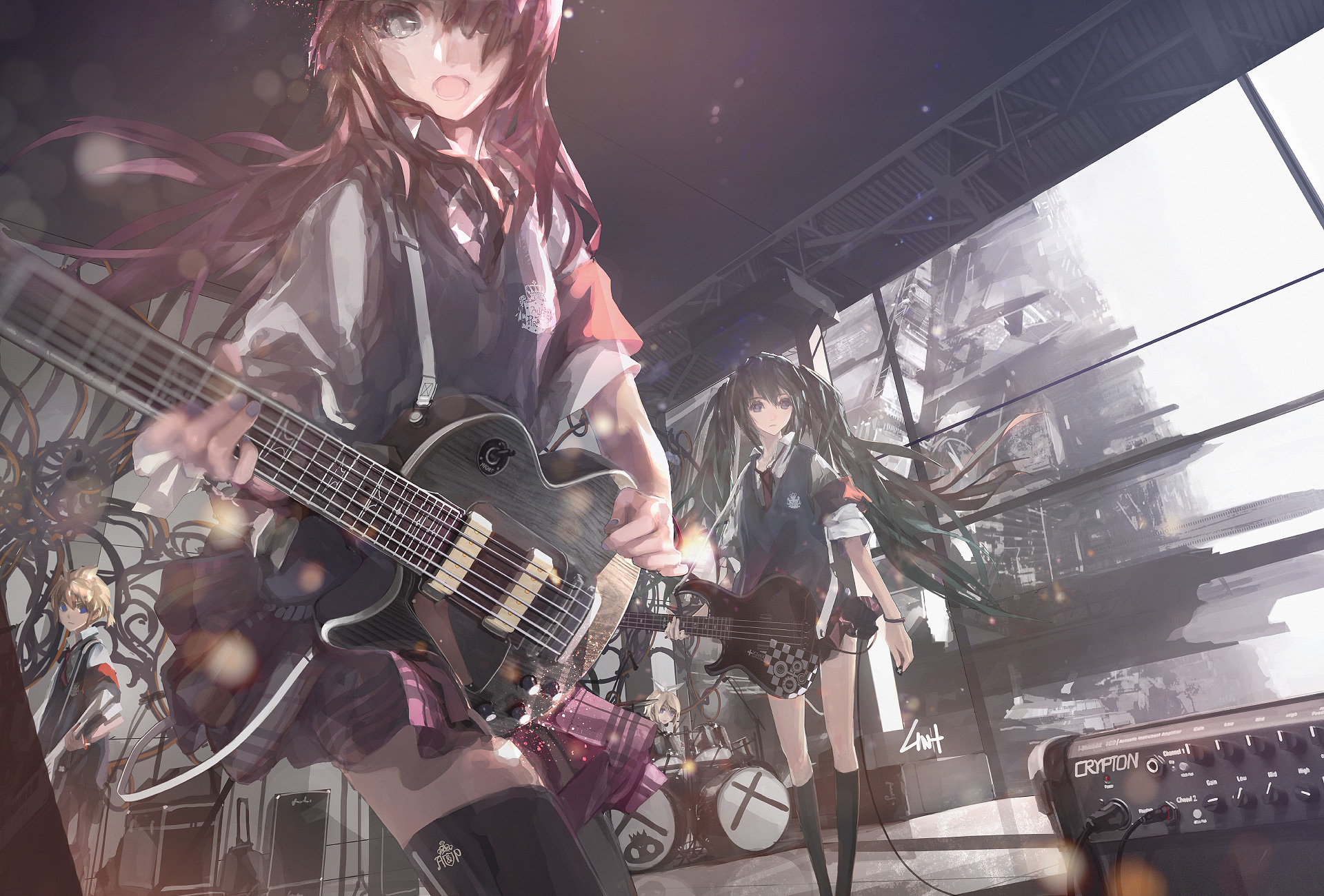bass, blonde_hair, blue_eyes, building, drums, gray_eyes, green_hair, group