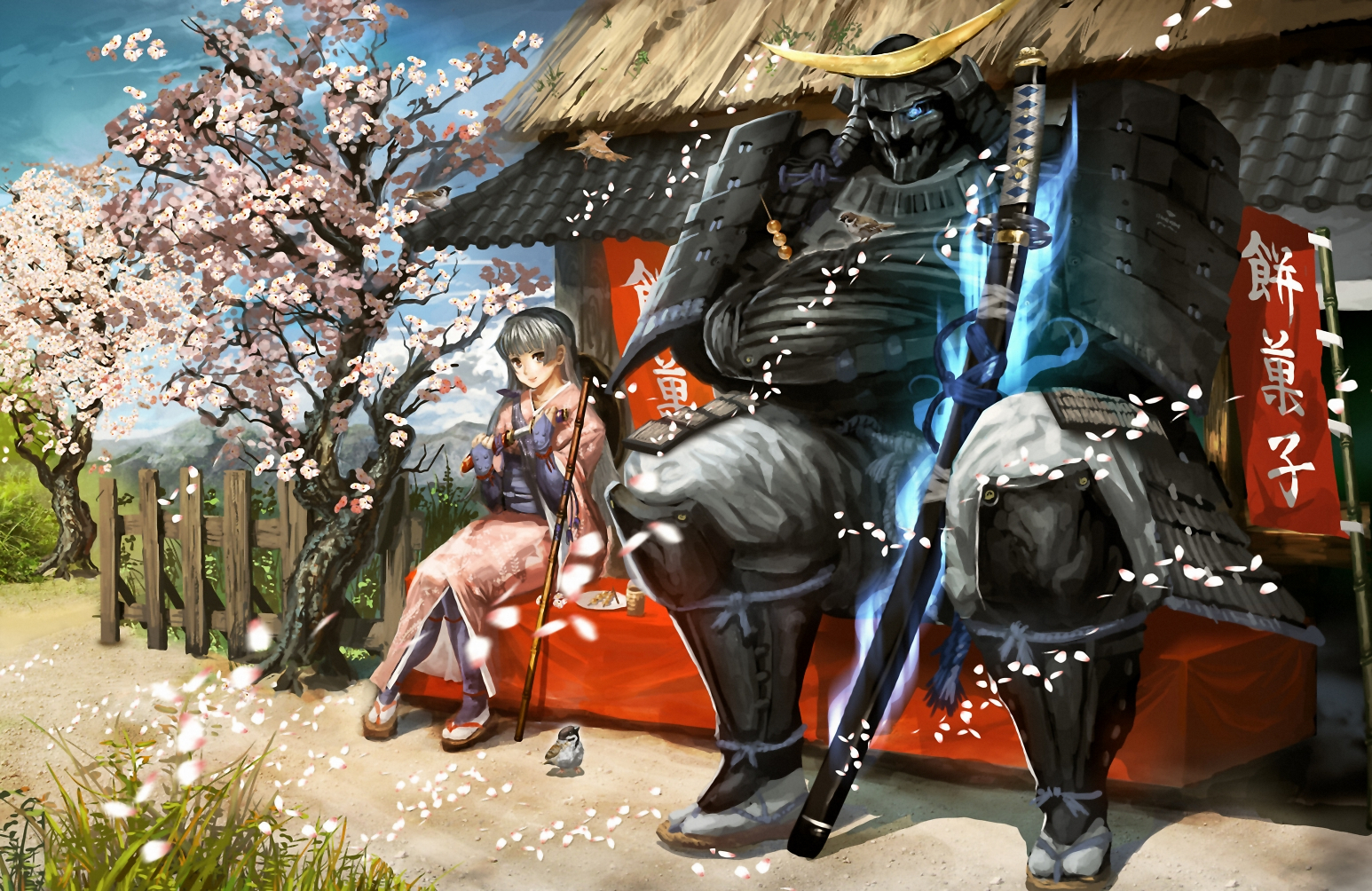 animal, armor, bird, black_hair, brown_eyes, building, cherry_blossoms, clouds, flowers, food, grass, japanese_clothes, katana, long_hair, petals, samurai, sky, sword, tree, vanipo, weapon