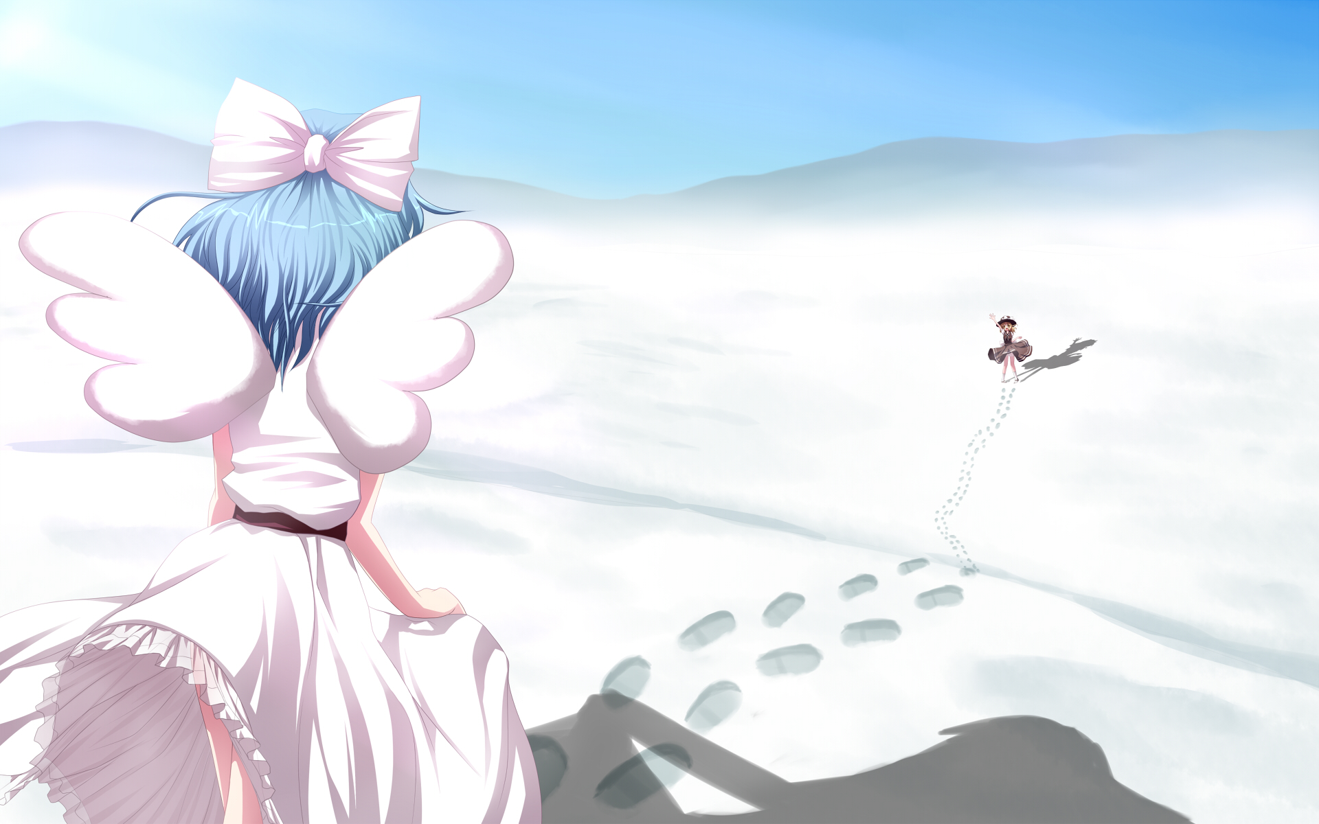 2girls, blue_hair, dress, hat, mai_(touhou), mille, ribbons, short_hair
