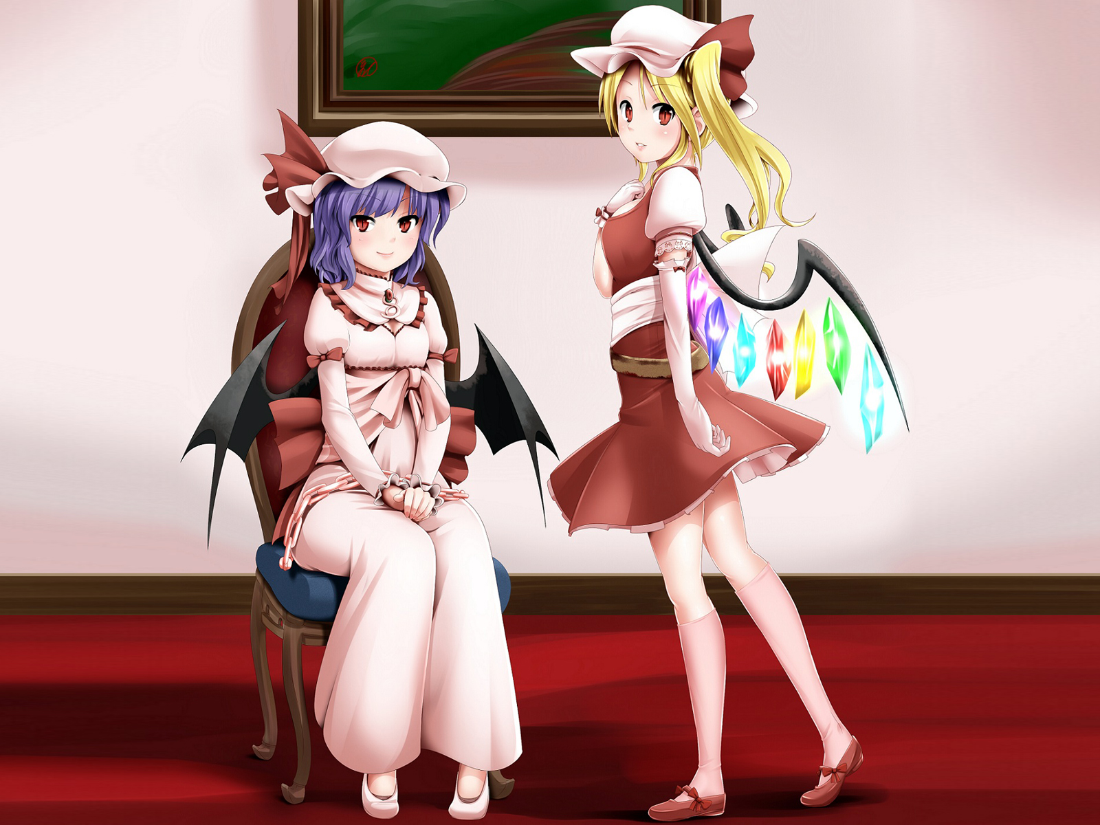 2girls, dress, flandre_scarlet, miki_purasu, red_eyes, remilia_scarlet, ribbons, socks