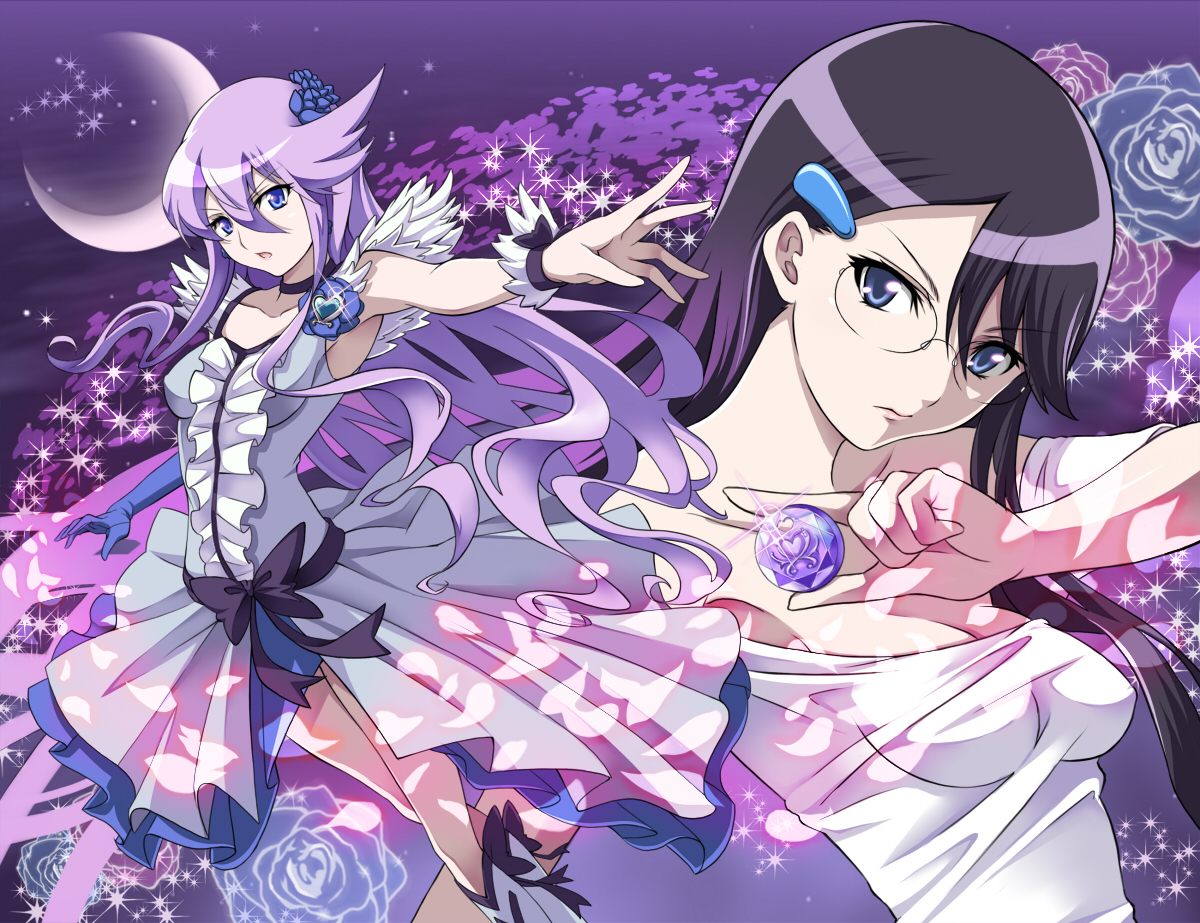 blue_eyes, bow, choker, dress, flowers, glasses, gloves, heartcatch_precure!, lolita_fashion, moon, petals, precure, purple_hair, rose, seven_(11), tsukikage_yuri