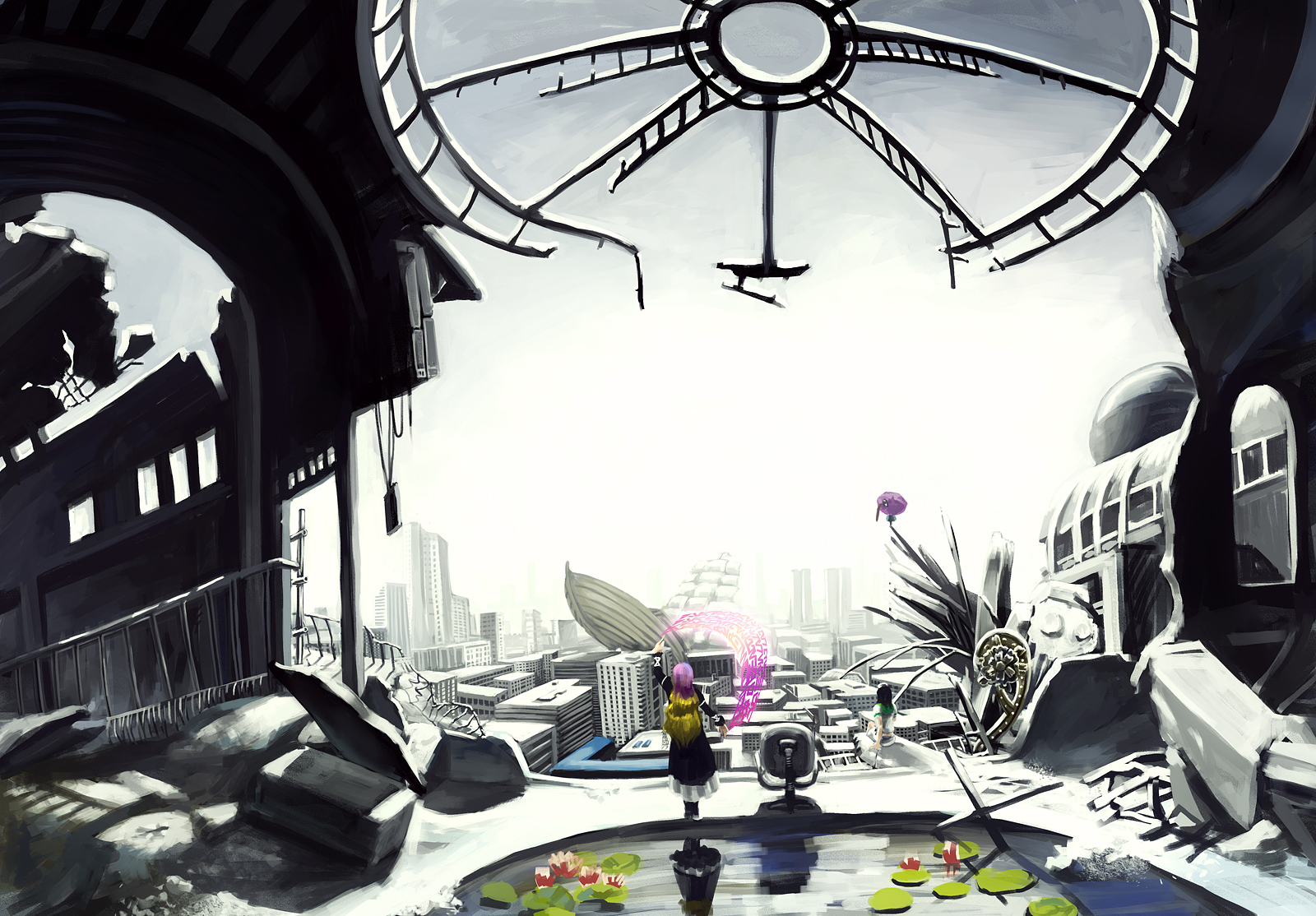 boat, dress, hijiri_byakuren, murasa_minamitsu, purple_hair, ruins, scenic, suehan, tatara_kogasa, touhou, umbrella