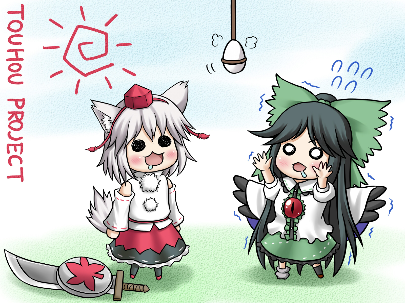 animal_ears, aonagi_ibane, chibi, hat, inubashiri_momiji, reiuji_utsuho, sword, tail