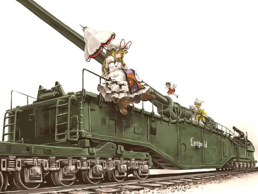animal_ears, blonde_hair, catgirl, chen, chikin, dress, foxgirl, hat, multiple_tails, tail, touhou, train, umbrella, white, yakumo_ran, yakumo_yukari