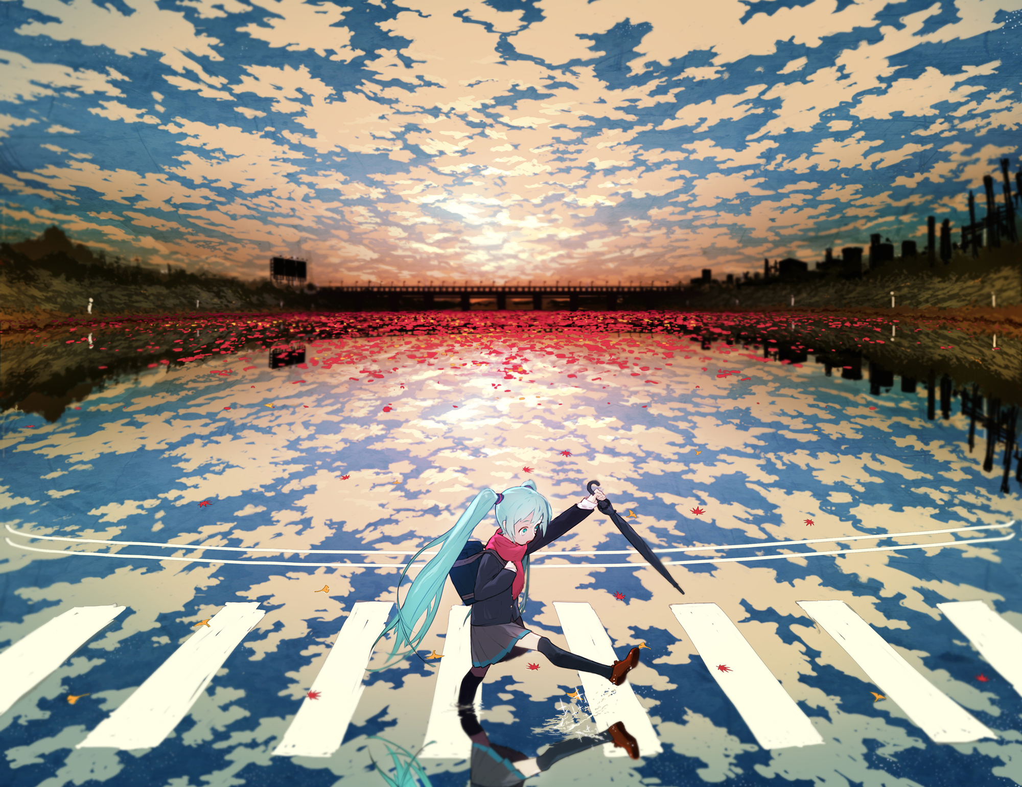 aqua_hair, asgr, clouds, hatsune_miku, long_hair, skirt, sky, twintails, umbrella, vocaloid, water