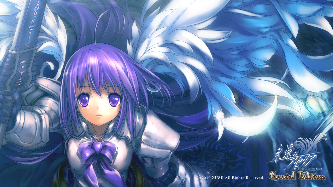 armor, aselia, eien_no_aselia, purple_eyes, purple_hair, sword, weapon, wings