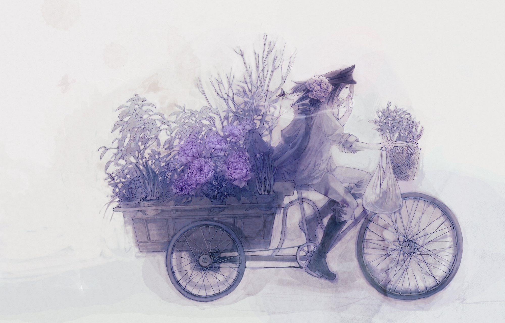 all_male, anthropomorphism, axis_powers_hetalia, bicycle, boots, china_(hetalia), flowers, hat, male, monochrome, pocket_(fukuroko), white
