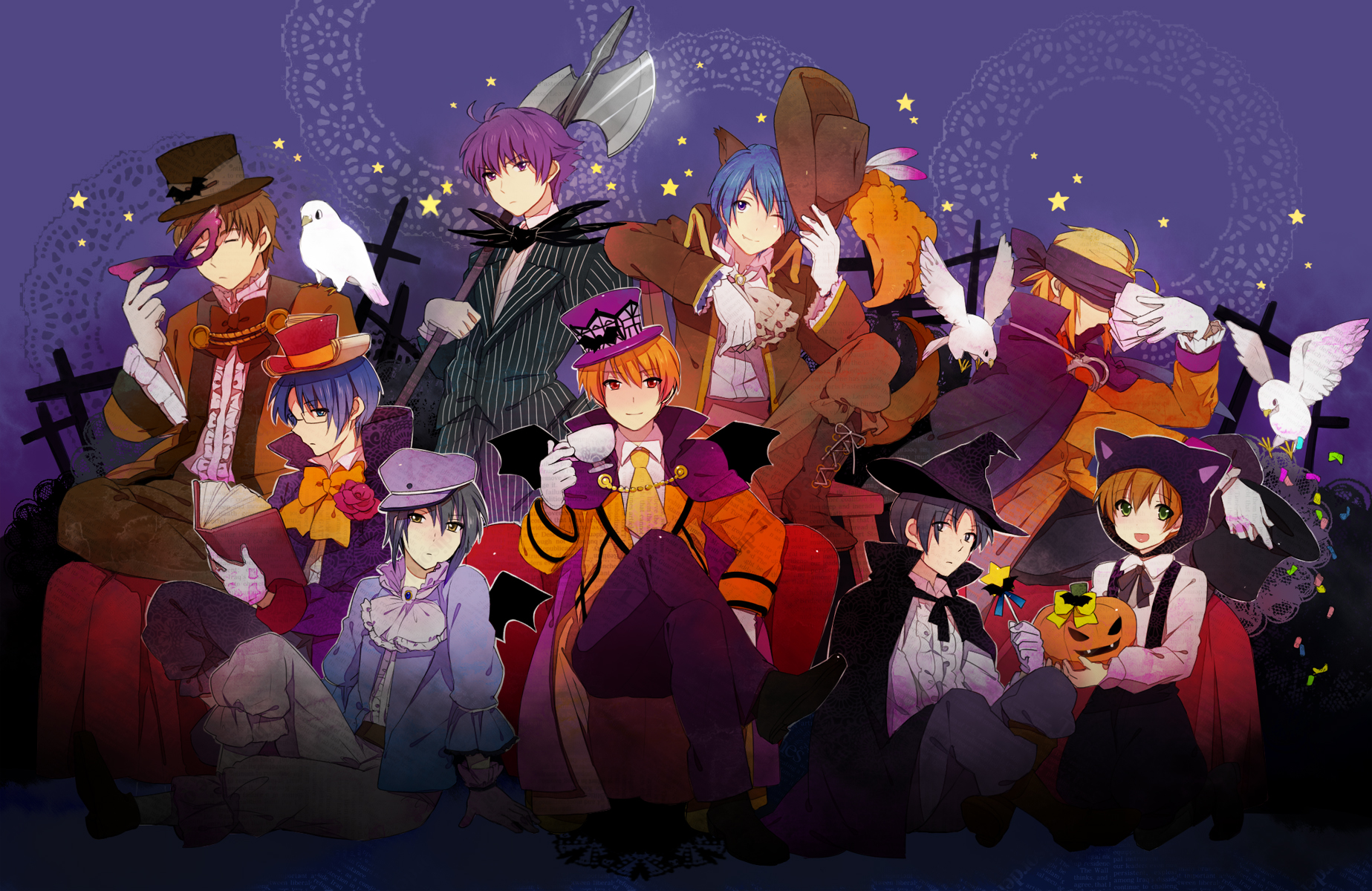 all_male, angel_beats!, animal, animal_ears, bird, cape, fujimaki, halloween, hat, hinata_hideki, male, mask, matsushita, naoi_ayato, noda, ooyama, otonashi_yuzuru, takamatsu, tk, tomako, weapon