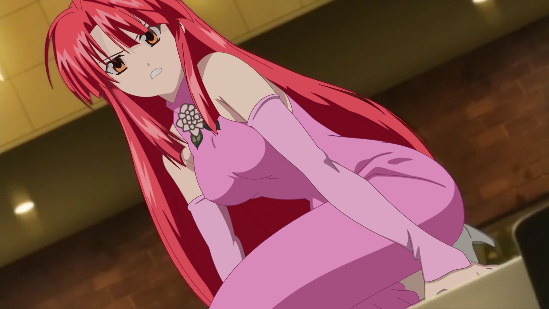 brown_eyes, dress, elbow_gloves, gloves, kannagi_ayano, kaze_no_stigma, long_hair, red_hair