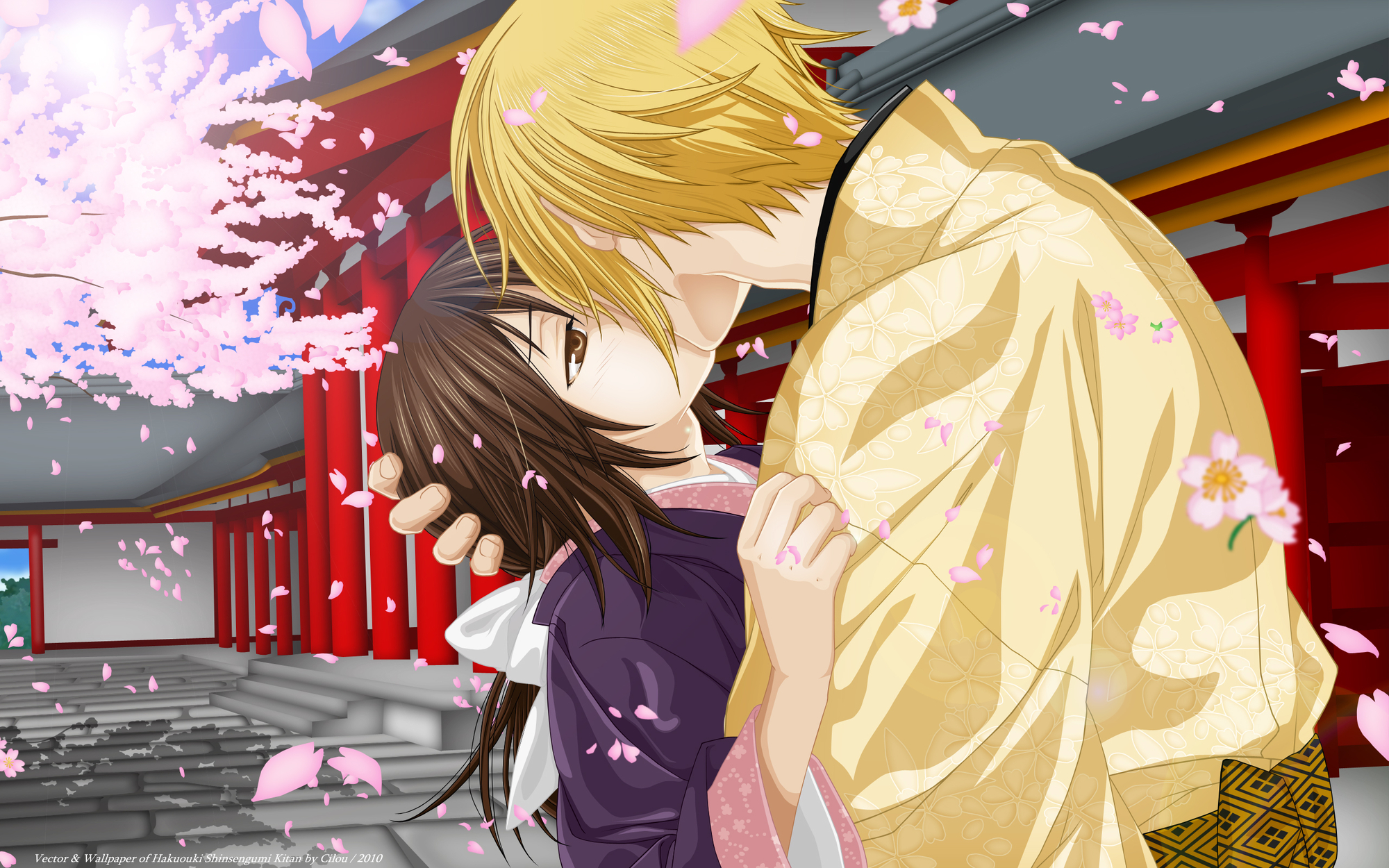 blonde_hair, brown_eyes, brown_hair, cherry_blossoms, flowers, hakuouki_shinsengumi_kitan, japanese_clothes, kazama_chikage, kimono, kiss, male, petals, yone_kazuki, yukimura_chizuru