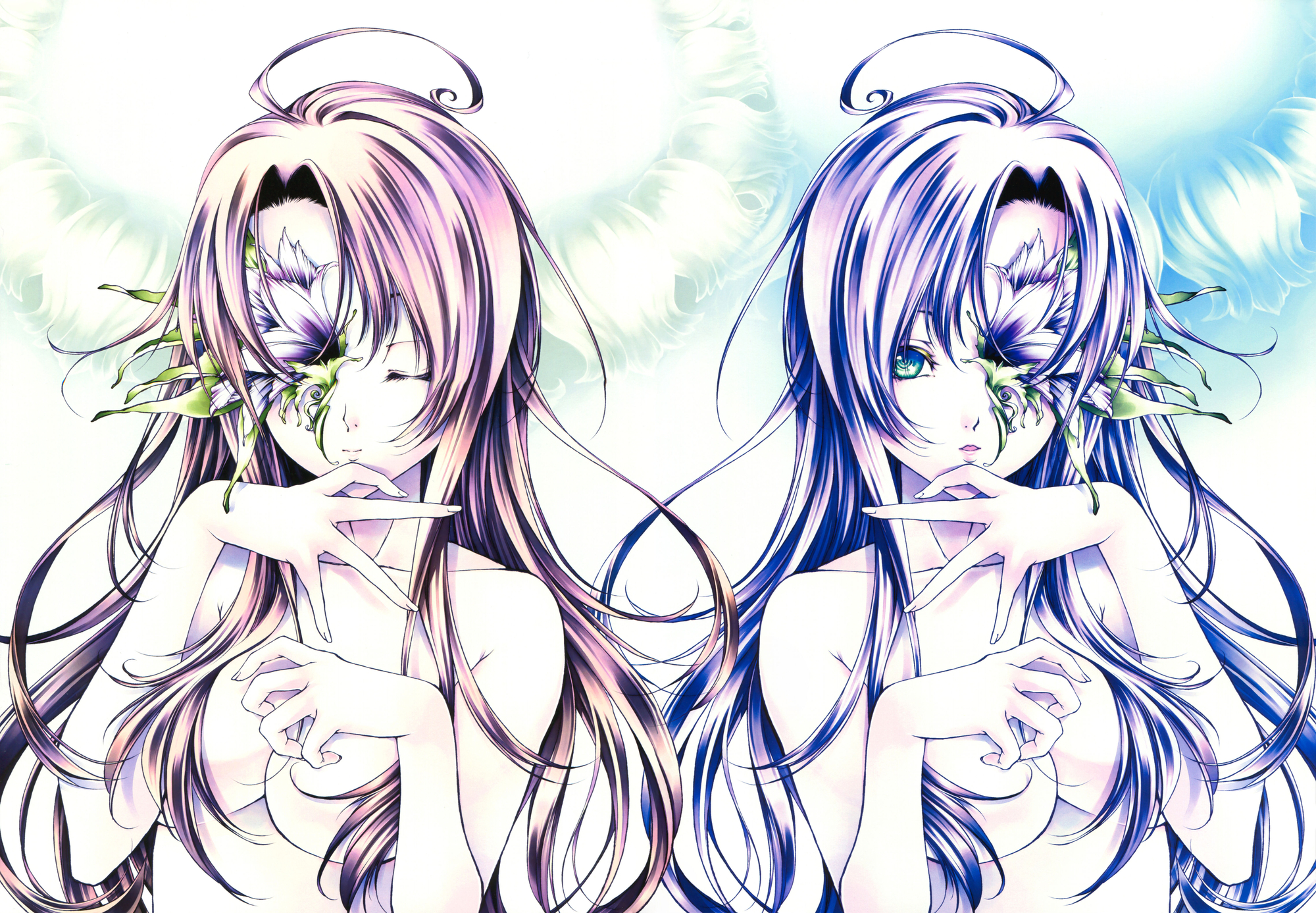 blue_eyes, breasts, flowers, long_hair, mogami_rio, original, pink_hair, purple_hair