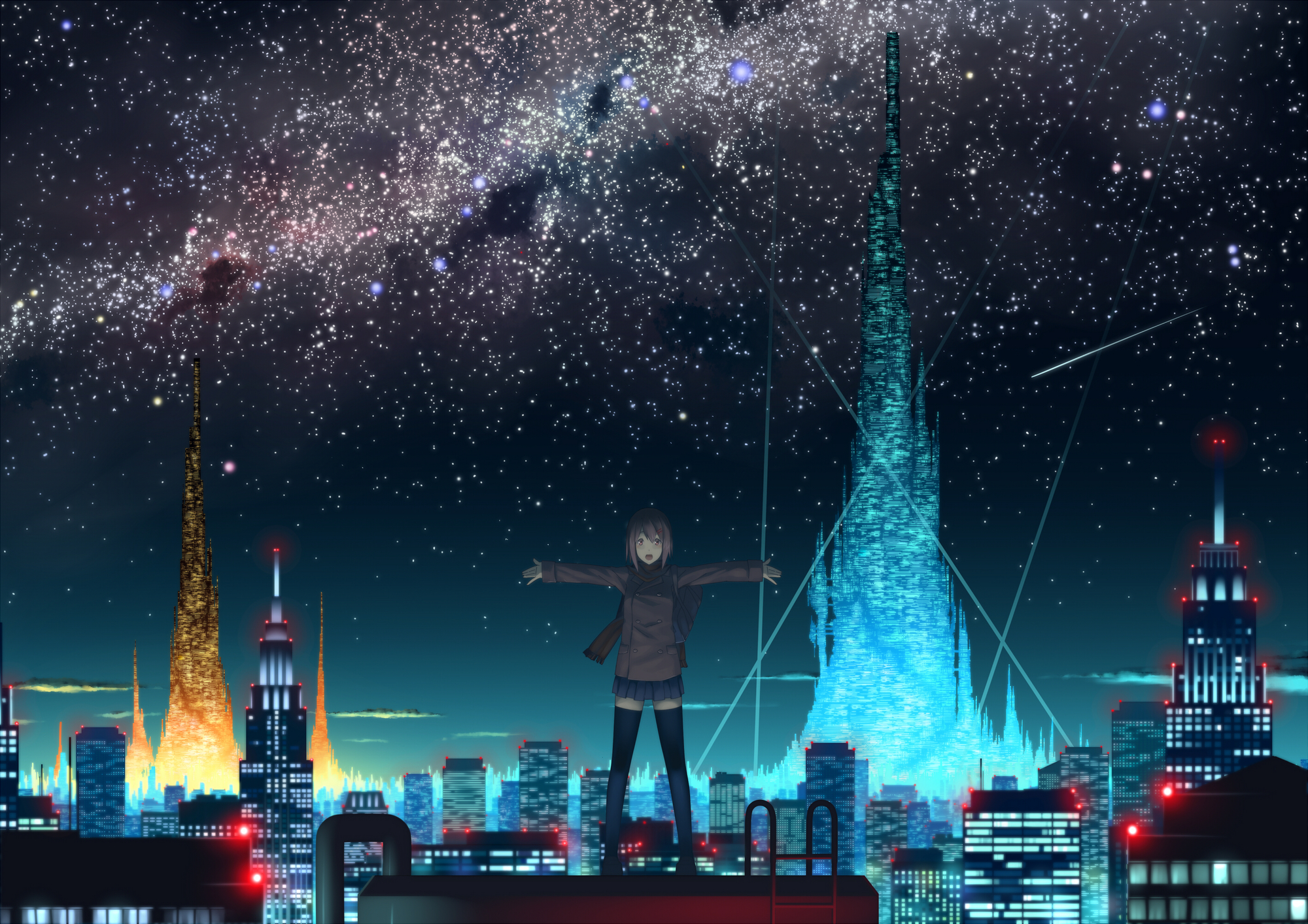 brown_hair, building, city, izumi_sai, landscape, night, original, rooftop