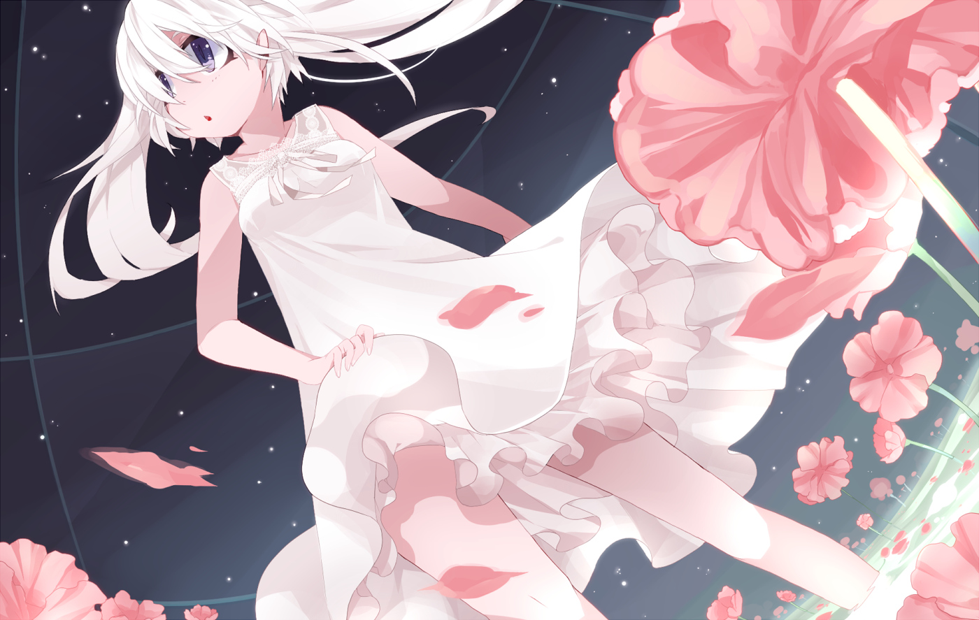 dress, flowers, loli, mizushirazu, original, petals, white_hair