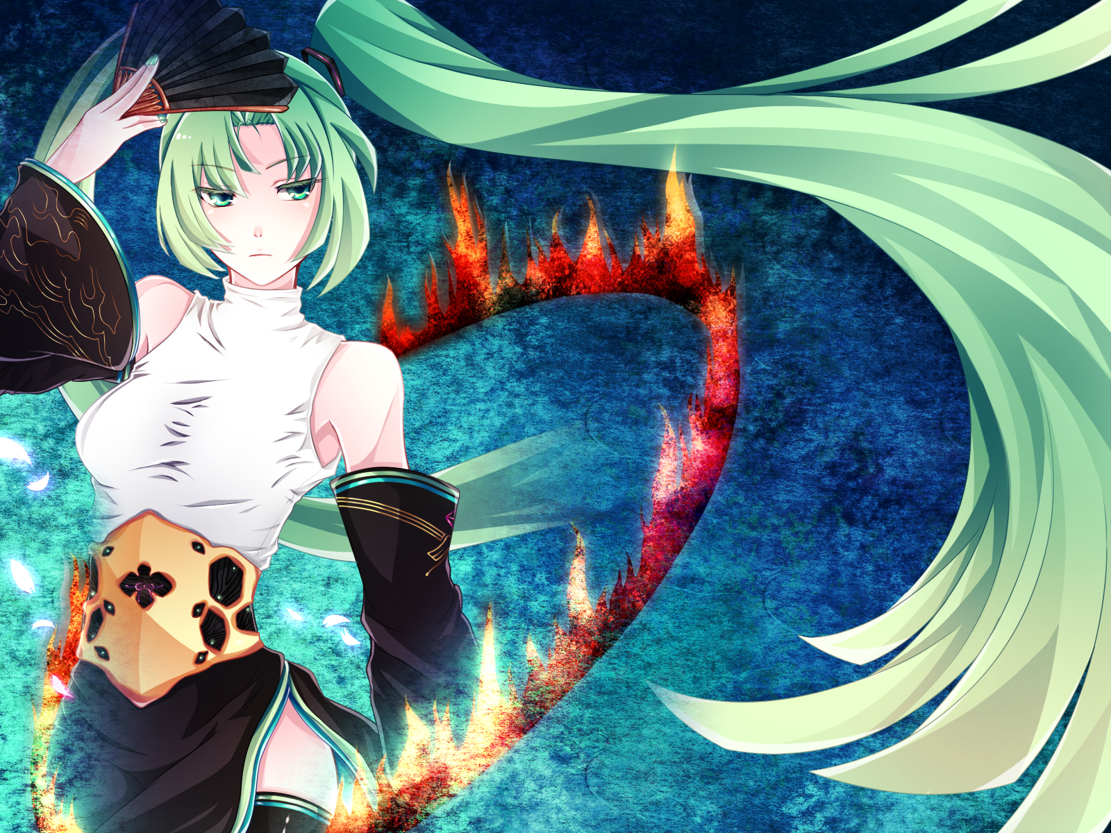 aqua_eyes, aqua_hair, blue, fan, fire, hatsune_miku, heki_kiri, thighhighs
