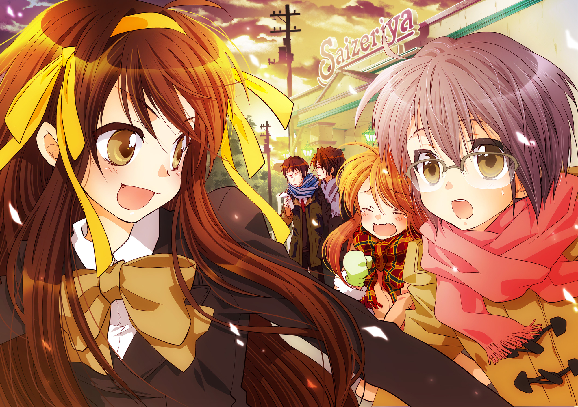 asahina_mikuru, blonde_hair, blush, bow, brown_eyes, brown_hair, close, doku_ta_pepperko, glasses, group, koizumi_itsuki, kyon, long_hair, male, nagato_yuki, purple_hair, ribbons, scarf, short_hair, suzumiya_haruhi, suzumiya_haruhi_no_yuutsu, tears
