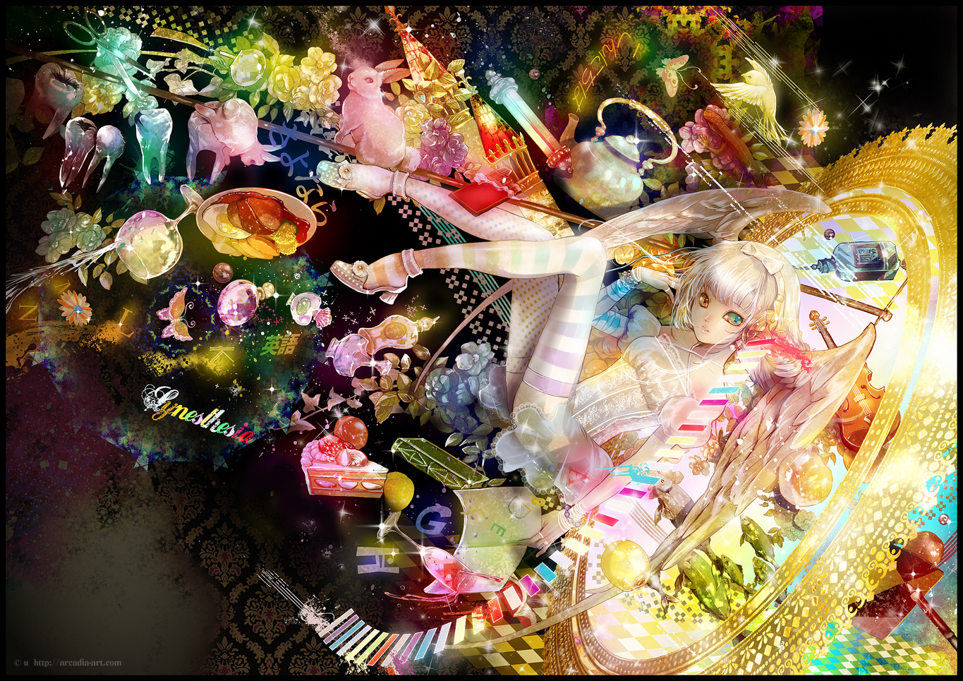 angel, animal, bird, blonde_hair, butterfly, cake, drink, flowers