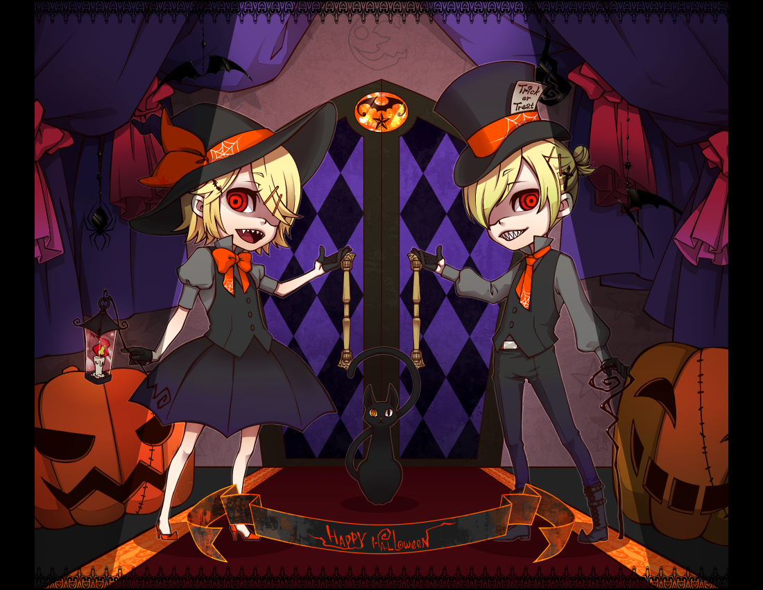 animal, cat, halloween, kagamine_len, kagamine_rin, male, trick_and_treat_(vocaloid), vocaloid
