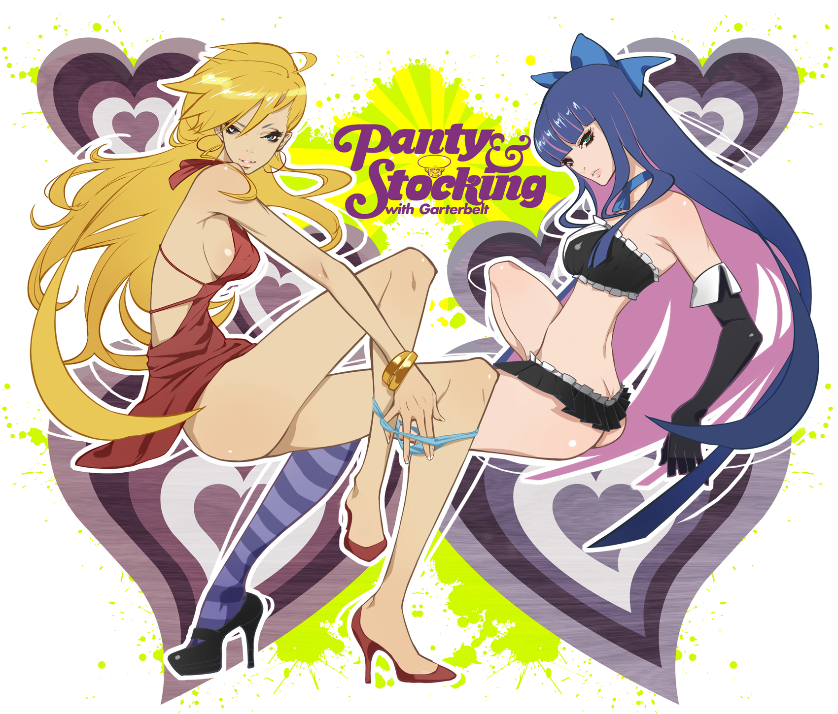 blonde_hair, blue_hair, breasts, cleavage, dress, garterbelt_(character), hitowa, panty_(character), panty_&_stocking_with_garterbelt, stocking_(character)