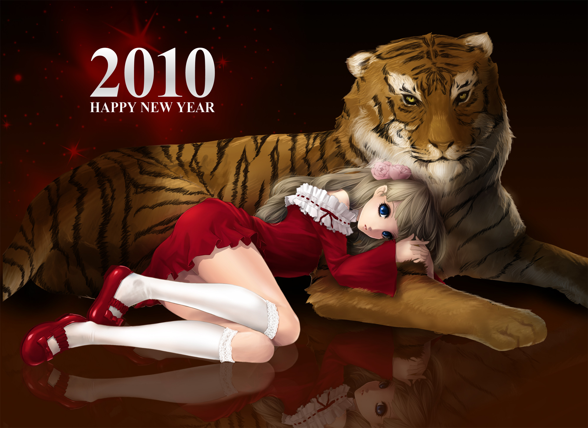 animal, blonde_hair, blue_eyes, dress, kunishige_keiichi, original, tiger