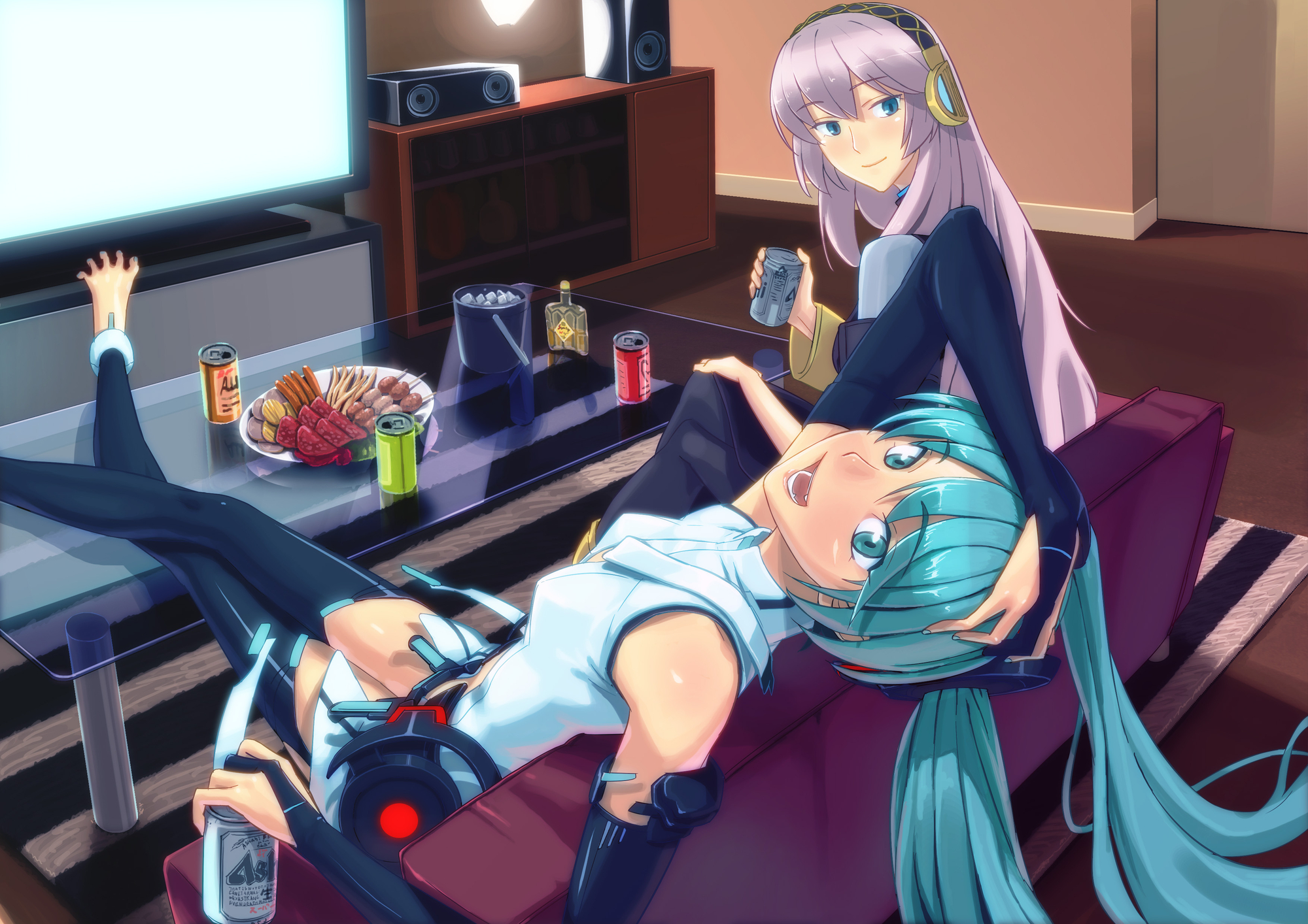 aqua_eyes, aqua_hair, blue_eyes, hatsune_miku, headphones, long_hair, megurine_luka, miku_append