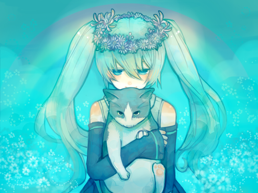 animal, aqua_eyes, aqua_hair, blue, cat, flowers, hatsune_miku, rokuroku, twintails, vocaloid