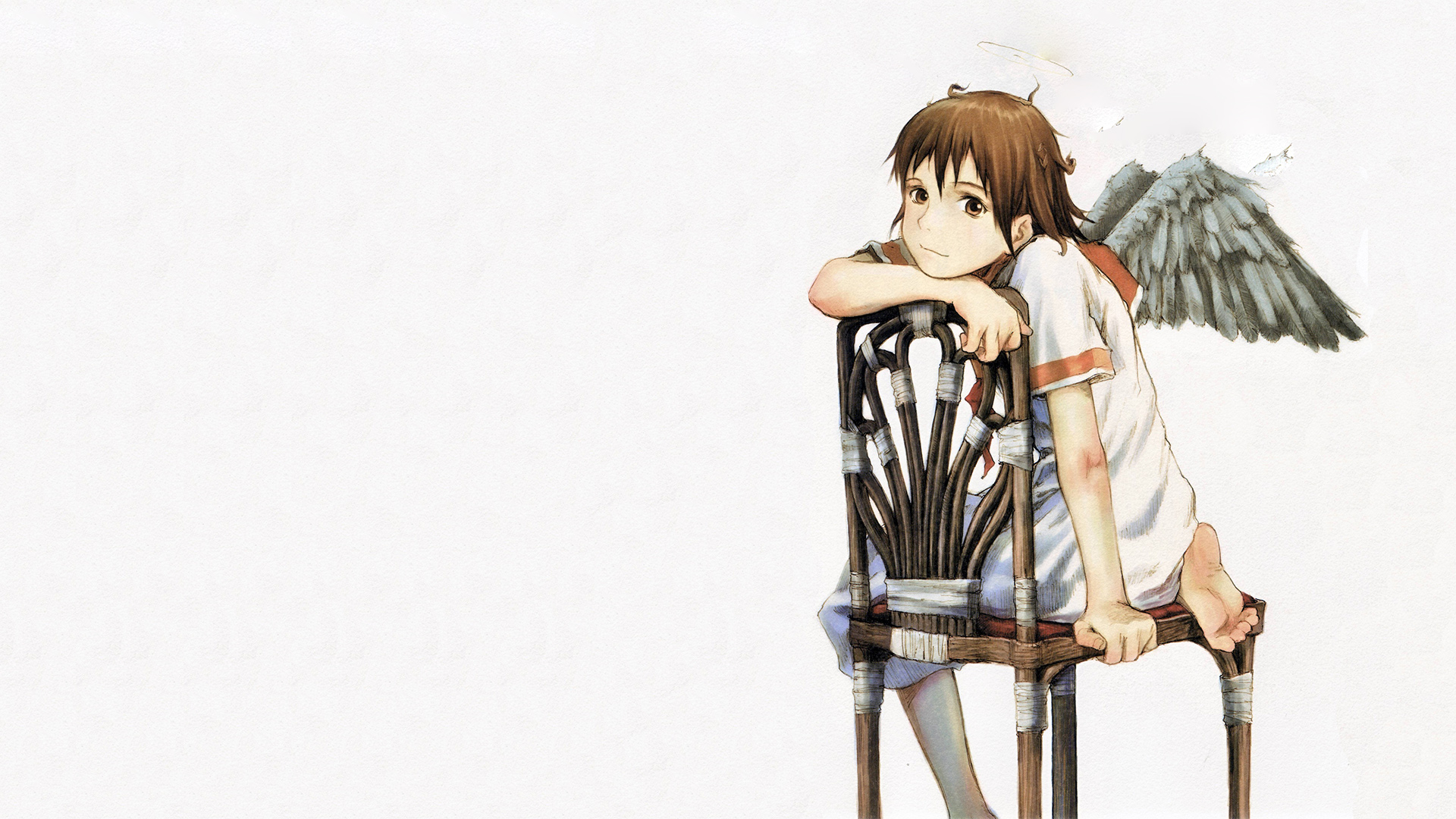 abe_yoshitoshi, barefoot, brown_eyes, brown_hair, dress, haibane_renmei, halo, rakka
