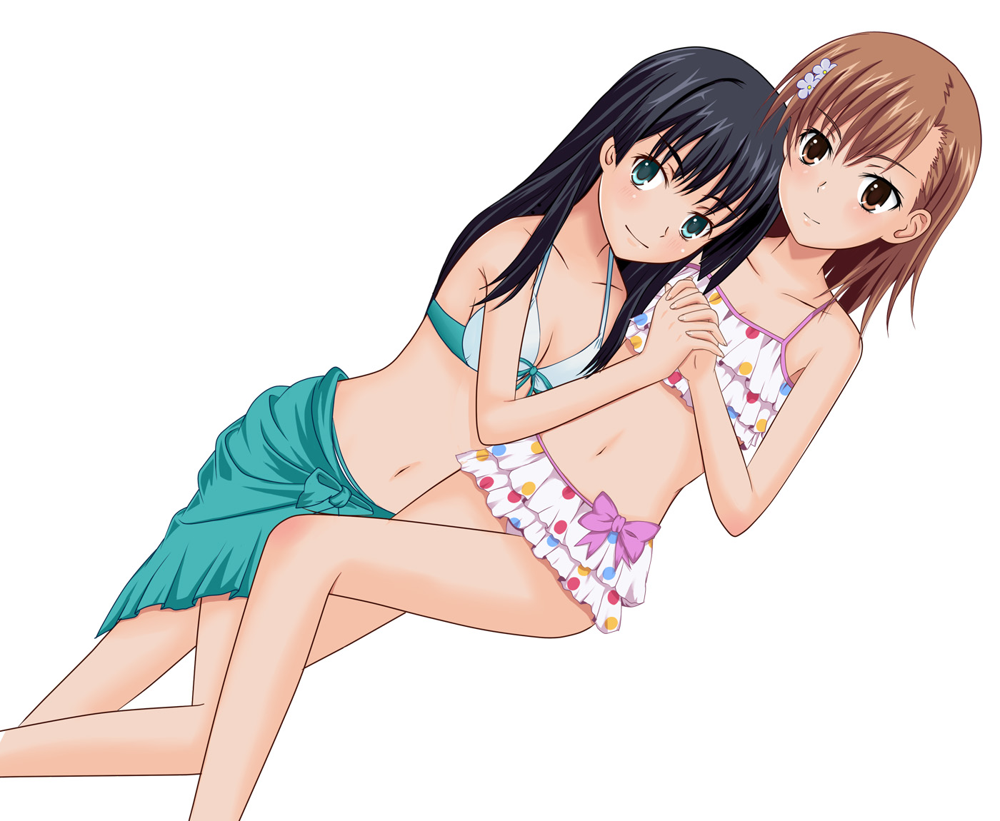 2girls, bikini, black_hair, bow, breasts, brown_eyes, brown_hair, cleavage