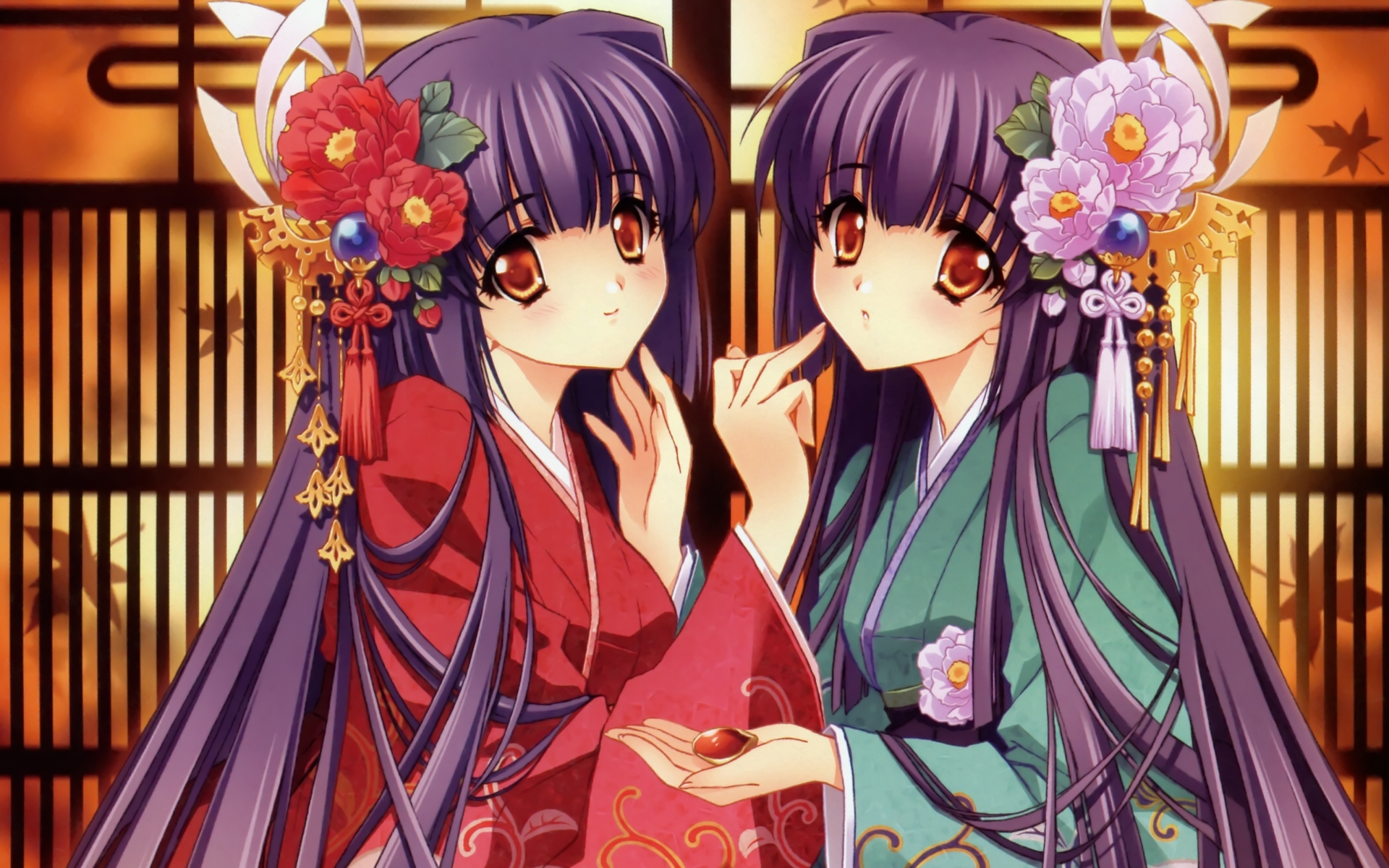 carnelian, japanese_clothes, kao_no_nai_tsuki, kuraki_mizuna, kuraki_suzuna, long_hair, orange_eyes, purple_hair