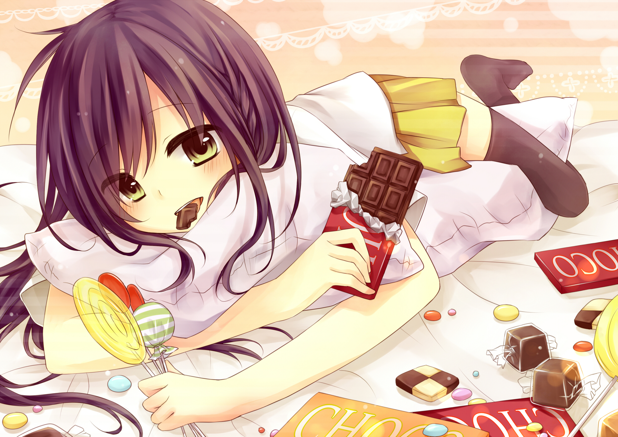 amane_kurumi, candy, chocolate, lollipop, original, skirt, thighhighs