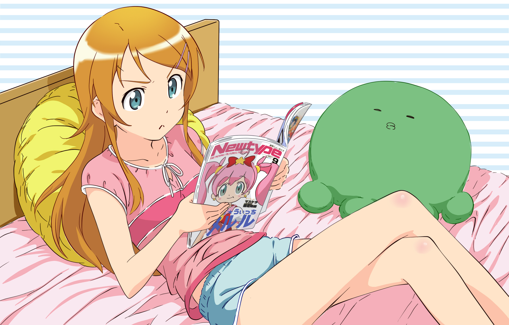 bed, blue_eyes, crossover, furukawa_hideki, hoshikuzu_witch_meruru, kousaka_kirino, long_hair, orange_hair, ore_no_imouto_ga_konna_ni_kawaii_wake_ga_nai, vector