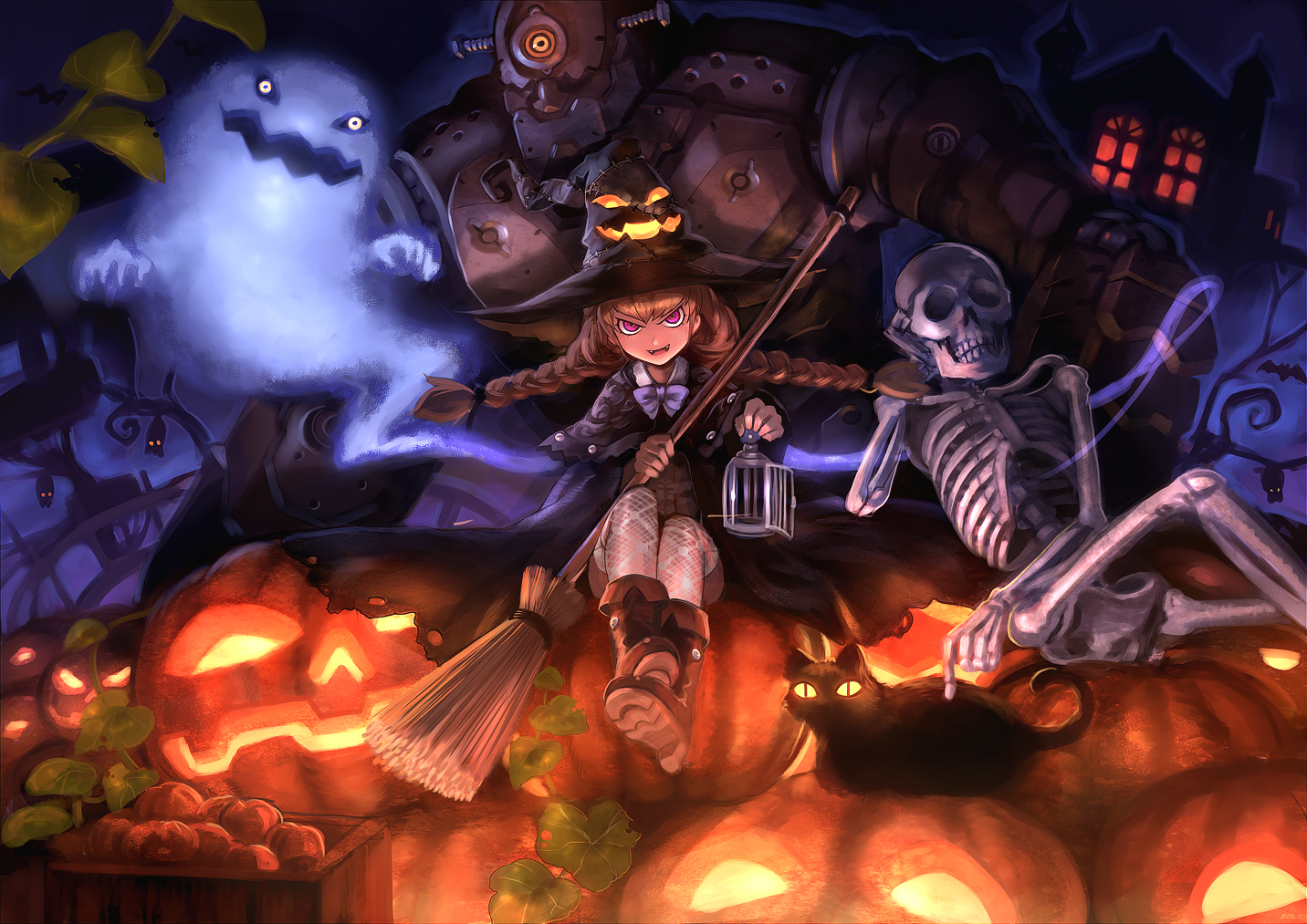 animal, cape, cat, fang, halloween, original, pumpkin, purple_eyes, robot, stockings, tagme, twintails, won_(toufunokado)
