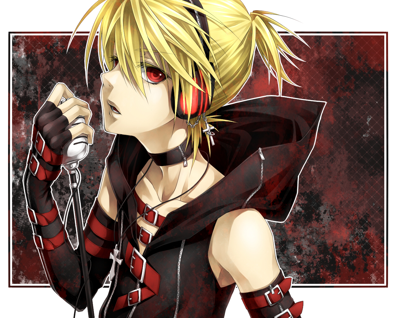 all_male, blonde_hair, kagamine_len, male, microphone, necklace, red_eyes, ueno_tsuki