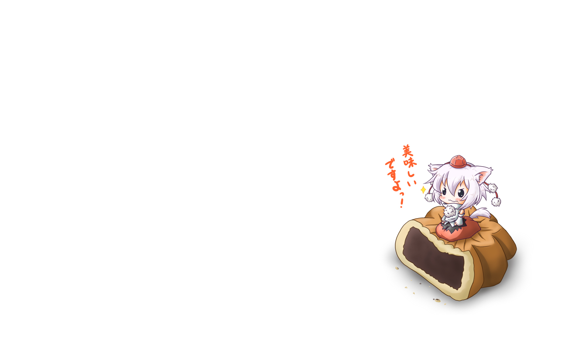 animal_ears, chibi, food, hat, inubashiri_momiji, japanese_clothes, miko, neko_yume, short_hair, tail, touhou, white, white_hair, wolfgirl