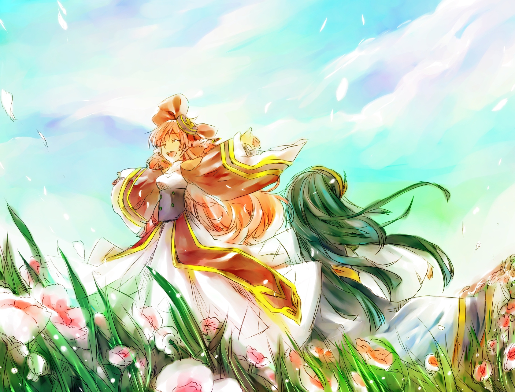 2girls, ar_tonelico, bow, braids, dress, flowers, green_hair, infel, long_hair, nenesha, petals, pink_hair, yumemitsuki