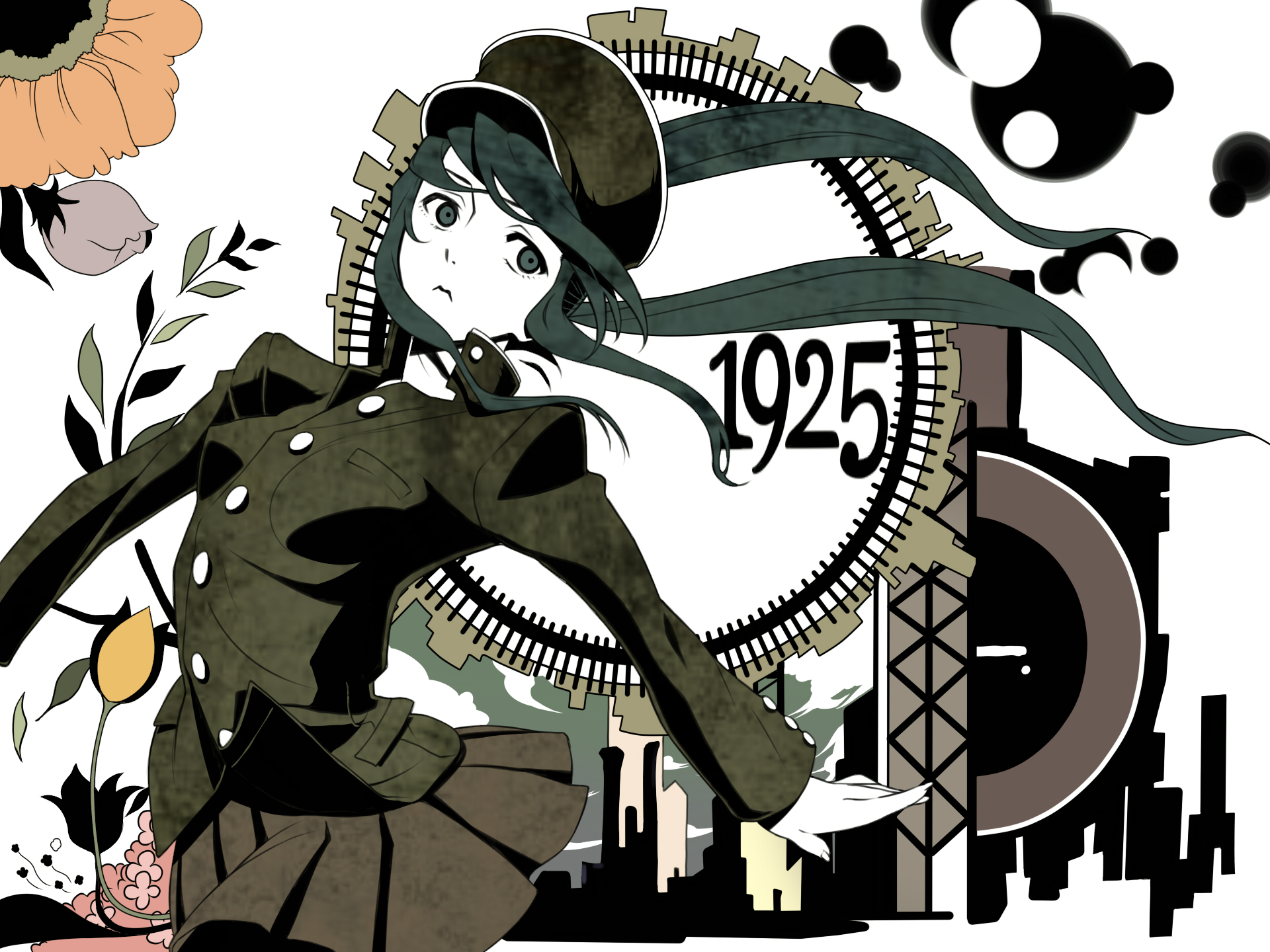 1925_(vocaloid), flowers, hat, hatsune_miku, hirabaru_kenji, long_hair, skirt, twintails