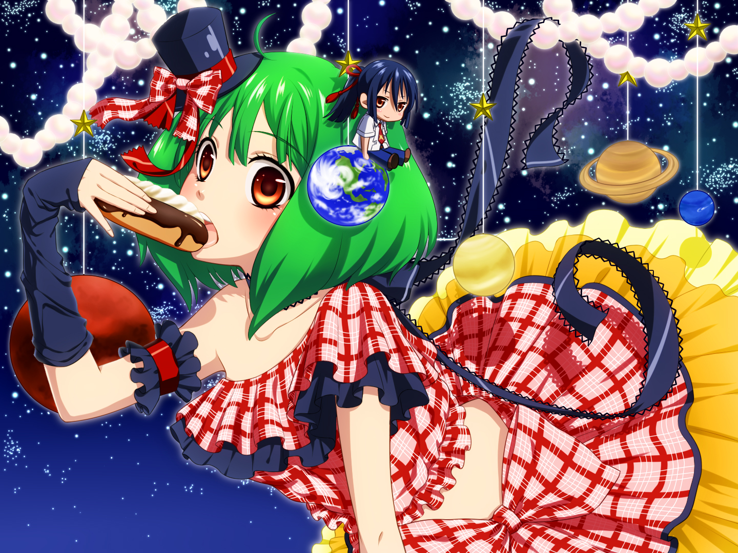 brown_eyes, chibi, food, green_hair, hat, macross, macross_frontier, male