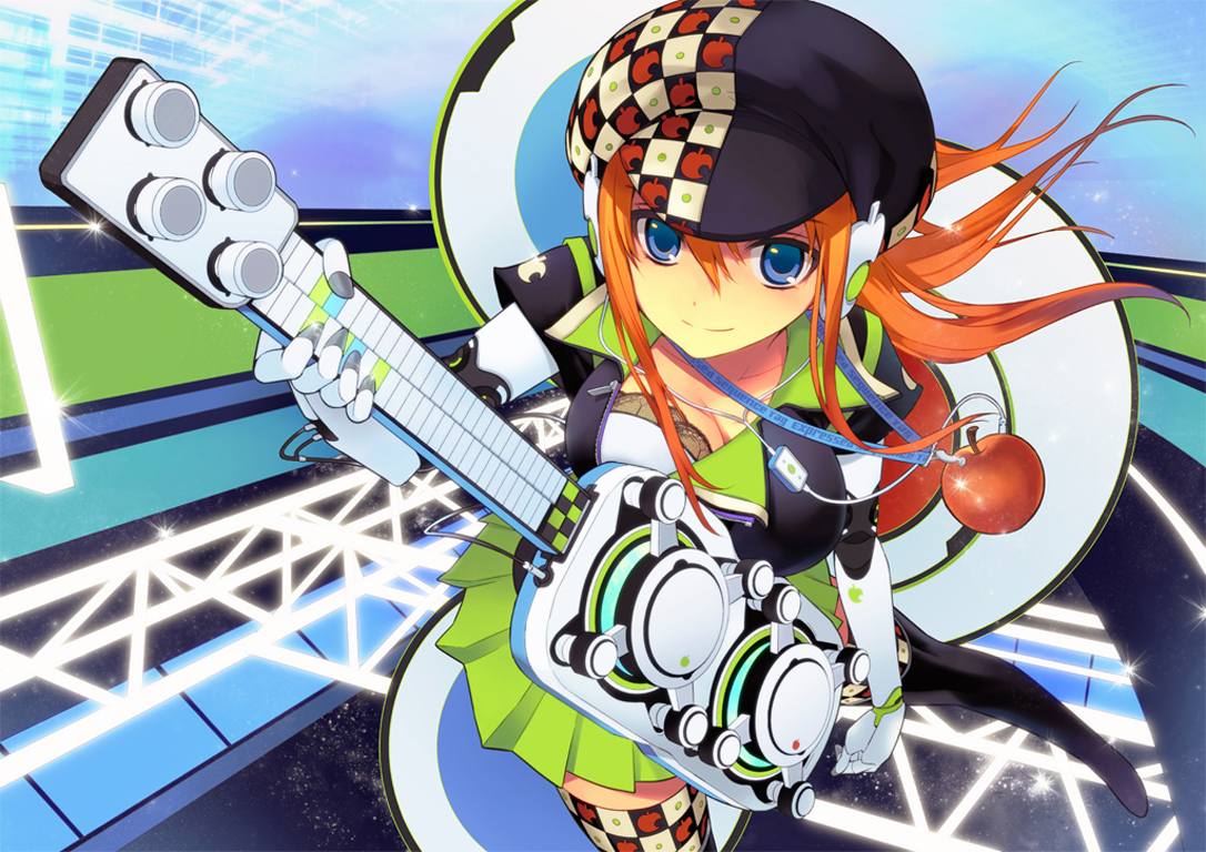 2no, apple, blue_eyes, food, fruit, guitar, hat, headphones, instrument, orange_hair, original